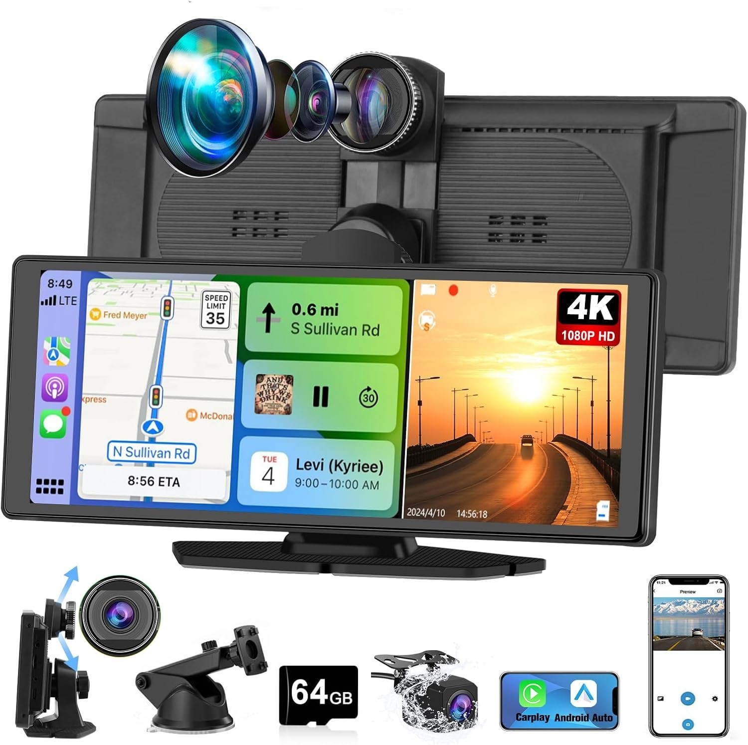 Universal Wireless CarPlay Screen with 4K+1080P Cameras, Lightweight Design