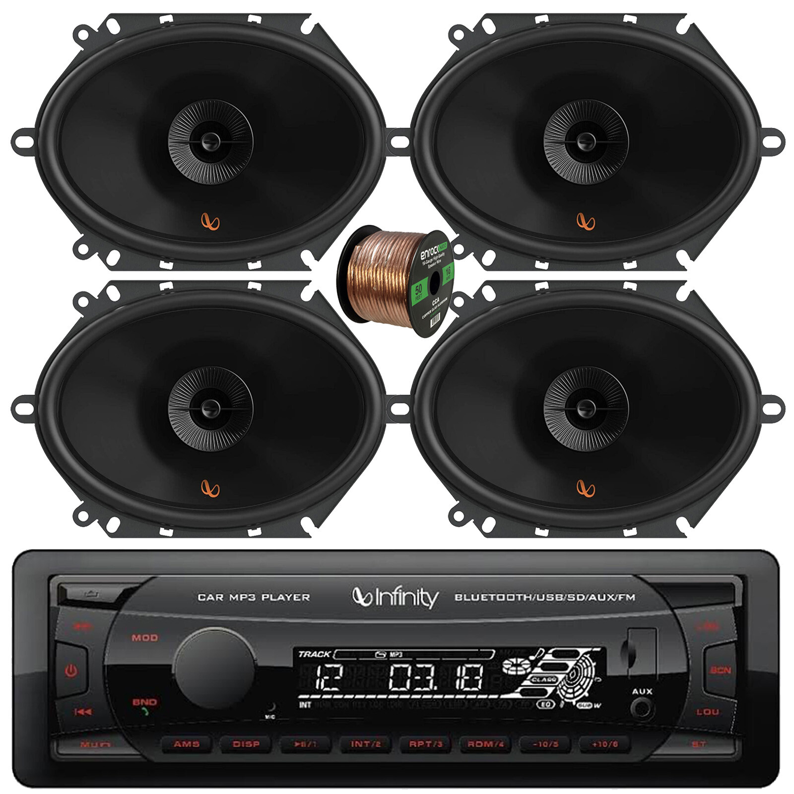 Infinity Bluetooth Radio Receiver, 6×8″ 150W Speakers w/o Grilles (QTY 4), Wire