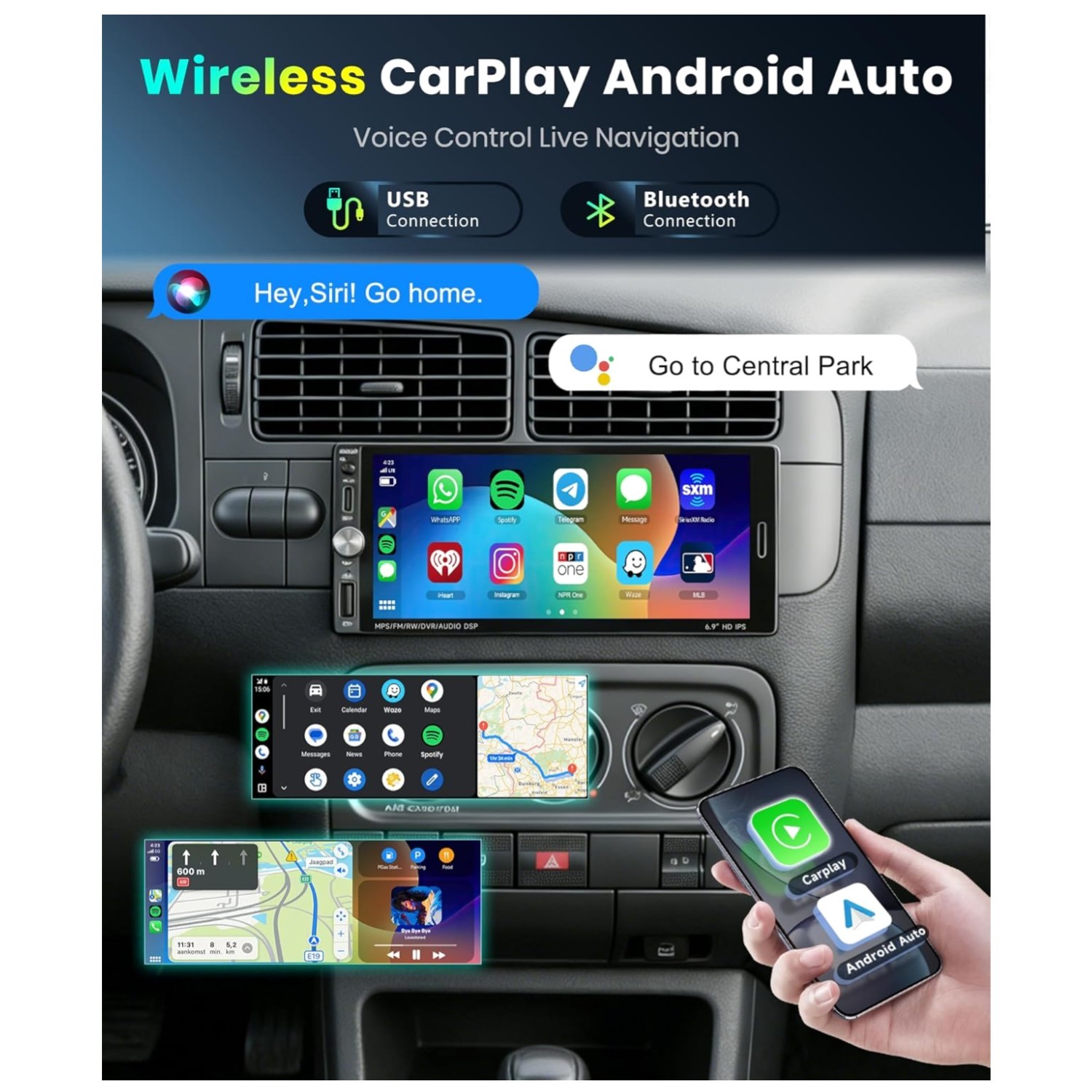 Wireless Carplay & Android Auto Head Unit with Backup Camera