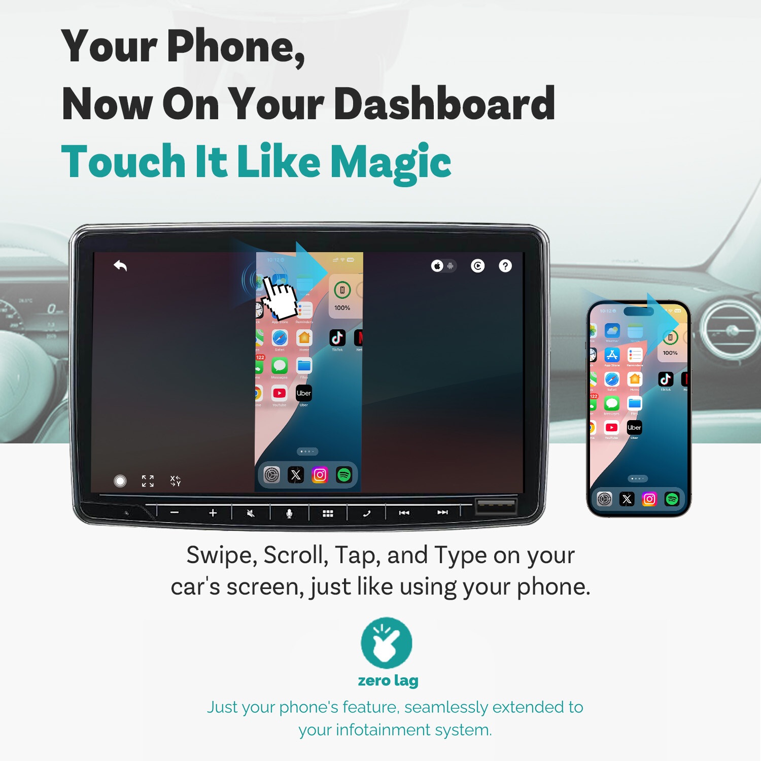 Ottocast Mirror Touch Wireless CarPlay Adapter Bidirectional control Phone & Car