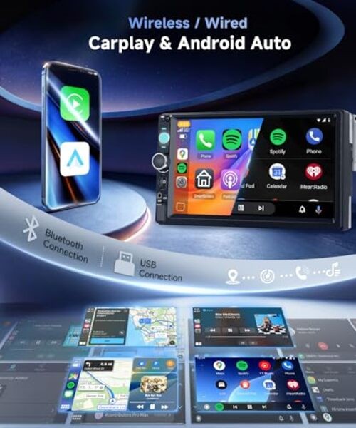 Single Din Car Stereo with Wireless Carplay Android Auto You-Tube, 7″ 7 Inch 2