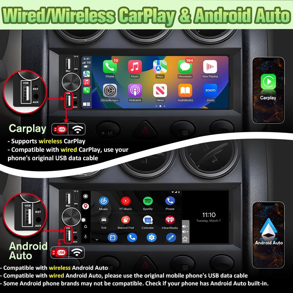 Pyniro 6.36″ Single Din Car Stereo with Wireless CarPlay & Android Auto, IPS…