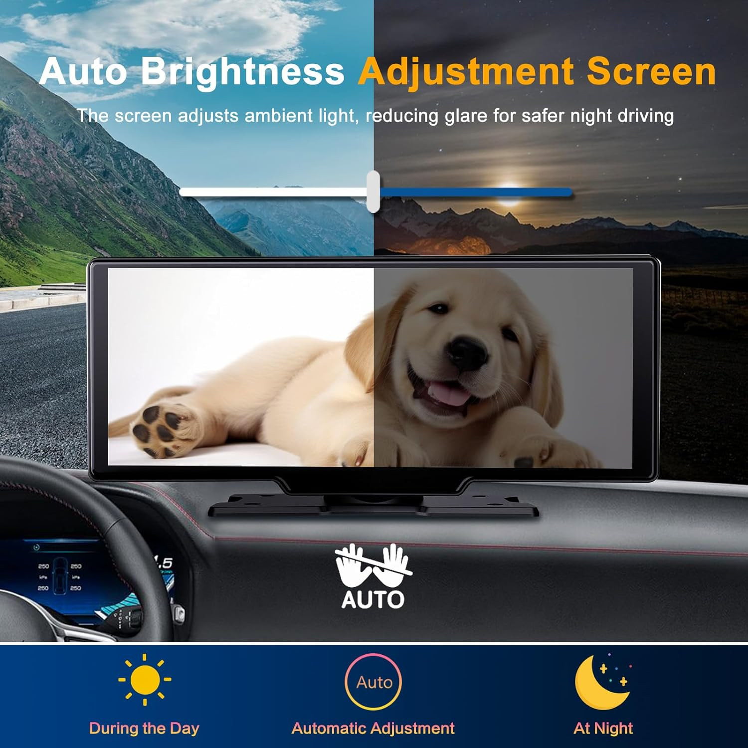 Portable 9.3-Inch Wireless Apple Carplay Screen for Car with Auto Brightness, 4K