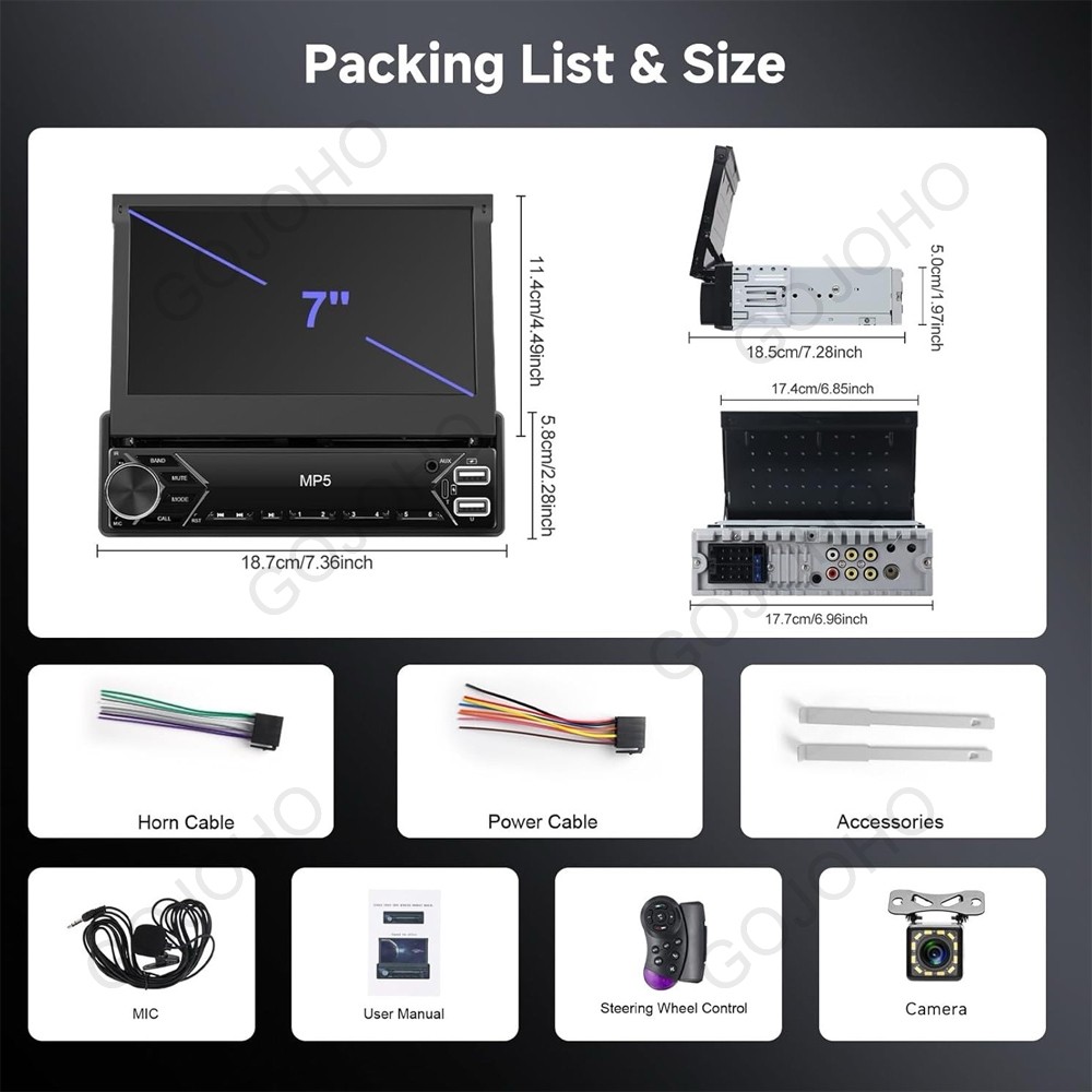 7″ Single 1 DIN Car Stereo Flip Out Touch Screen Radio Carplay MP5 USB +Camera