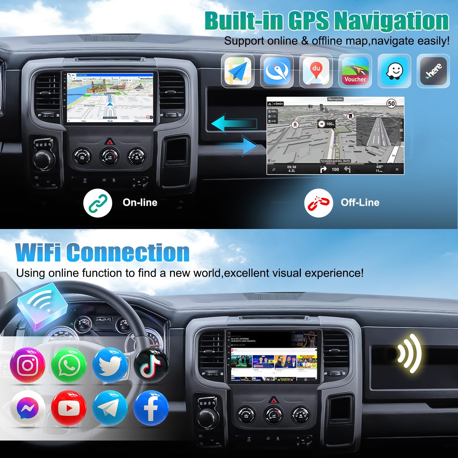9″ Wireless Carplay & Android Auto Stereo for 2013-2018 Dodge RAM 1500 2500 3500