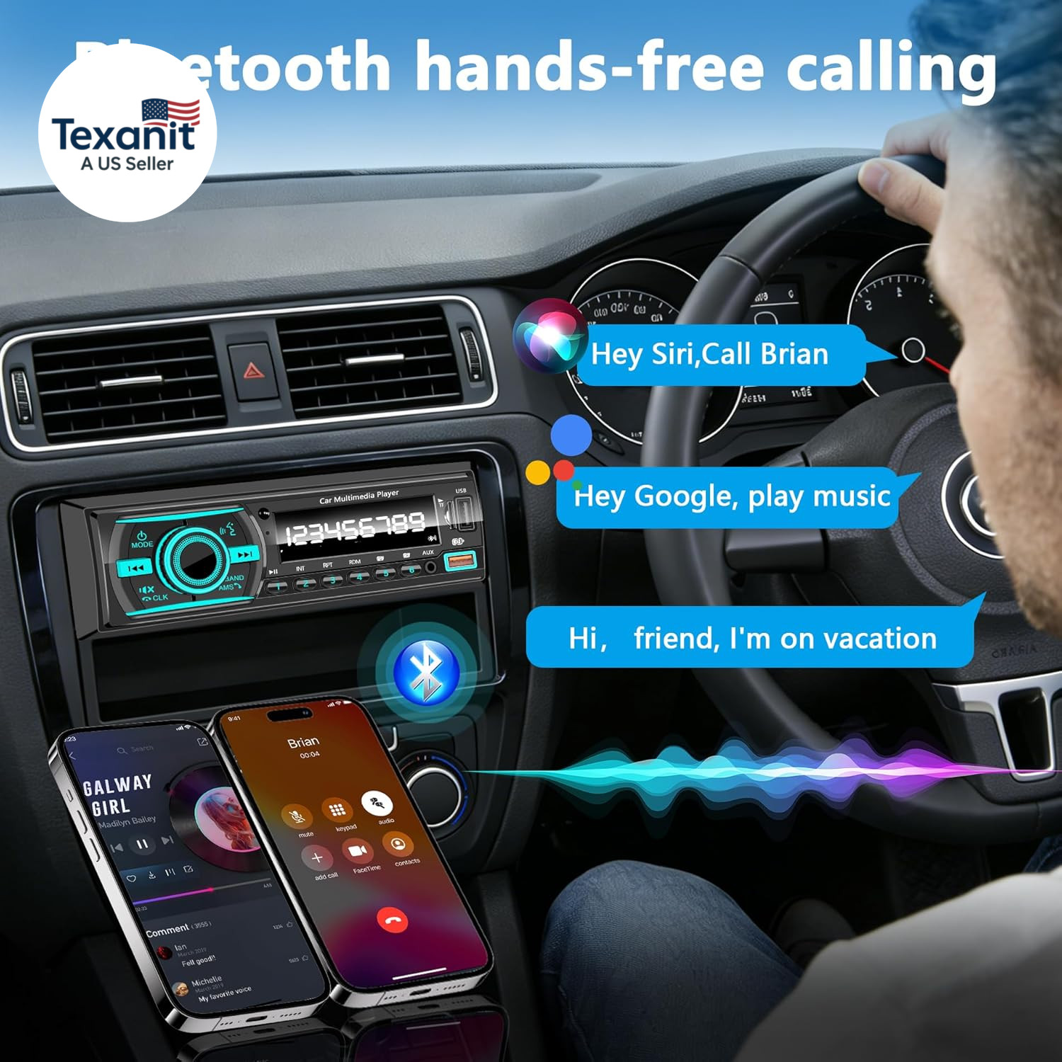 Car Stereo Bluetooth Single Din Radio, Car Audio with Push to Talk Assistant, Ha