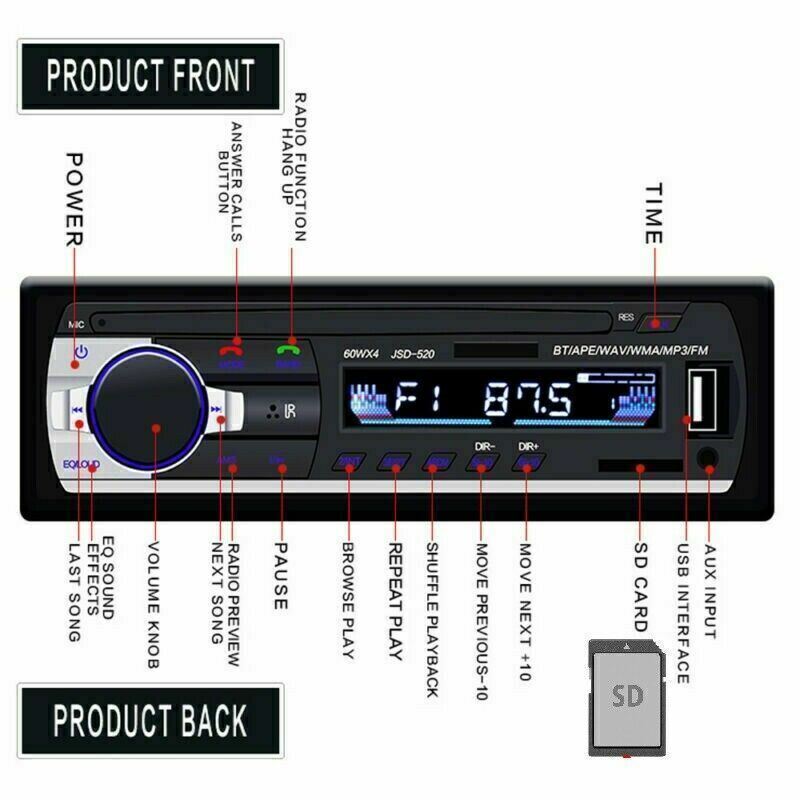 Bluetooth Car Stereo Audio In-Dash FM Aux Input Receiver USB MP3 Radio Player SD