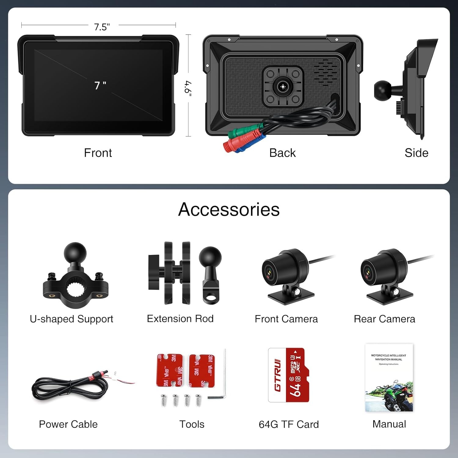 7″ Screen Waterproof Motorcycle Wireless CarPlay Android Auto Dash Camera GPS