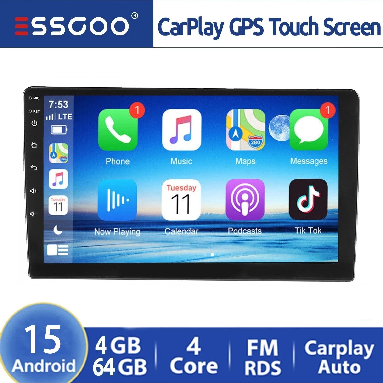 9″ Apple Carplay Android 15 Car Stereo Radio Touch Screen GPS 4+64GB BT FM WiFi