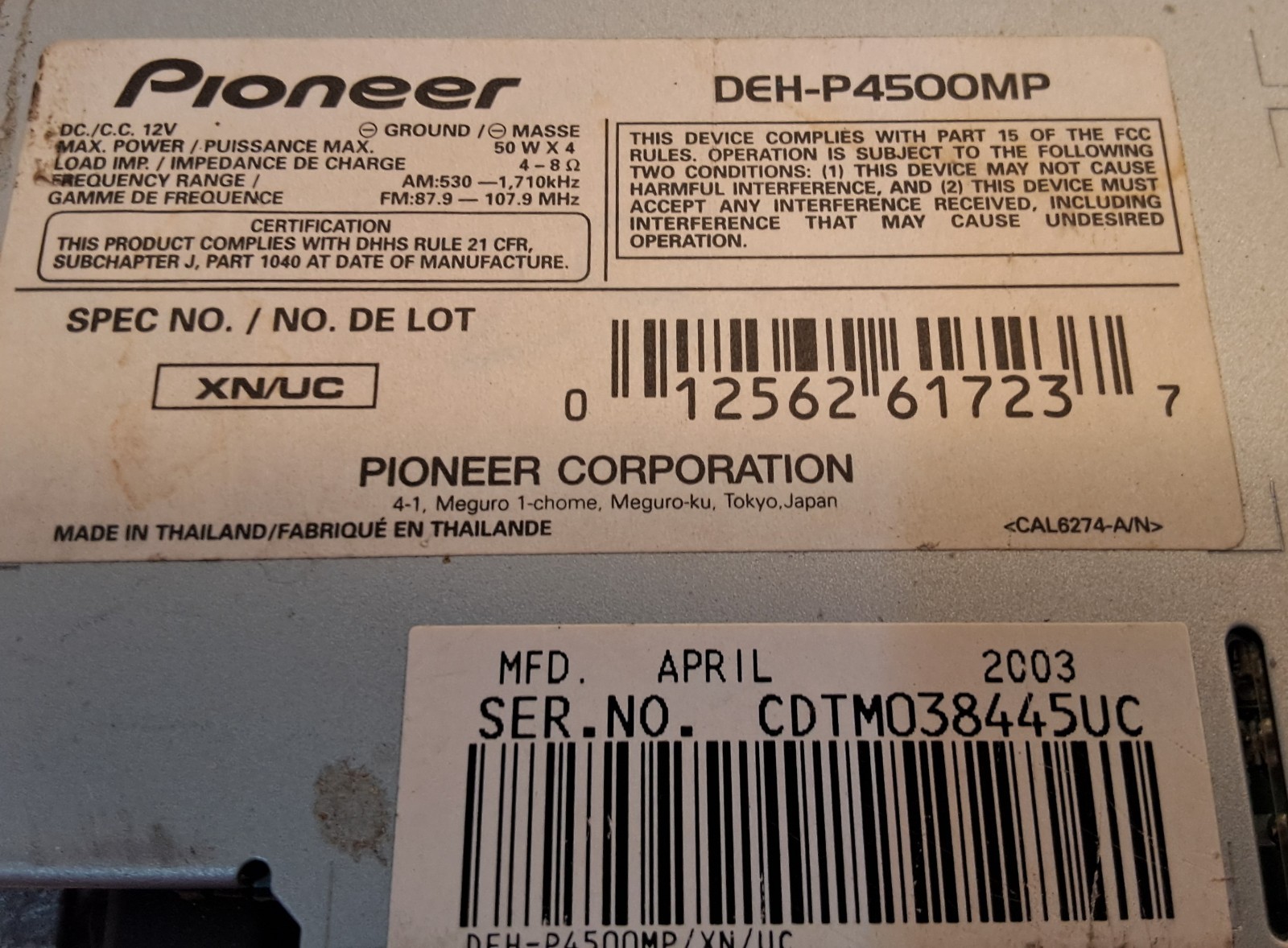 Pioneer DEH-P4500MP Mosfet 50wx4 MP3 Car Stereo Receiver Super Tuner untested