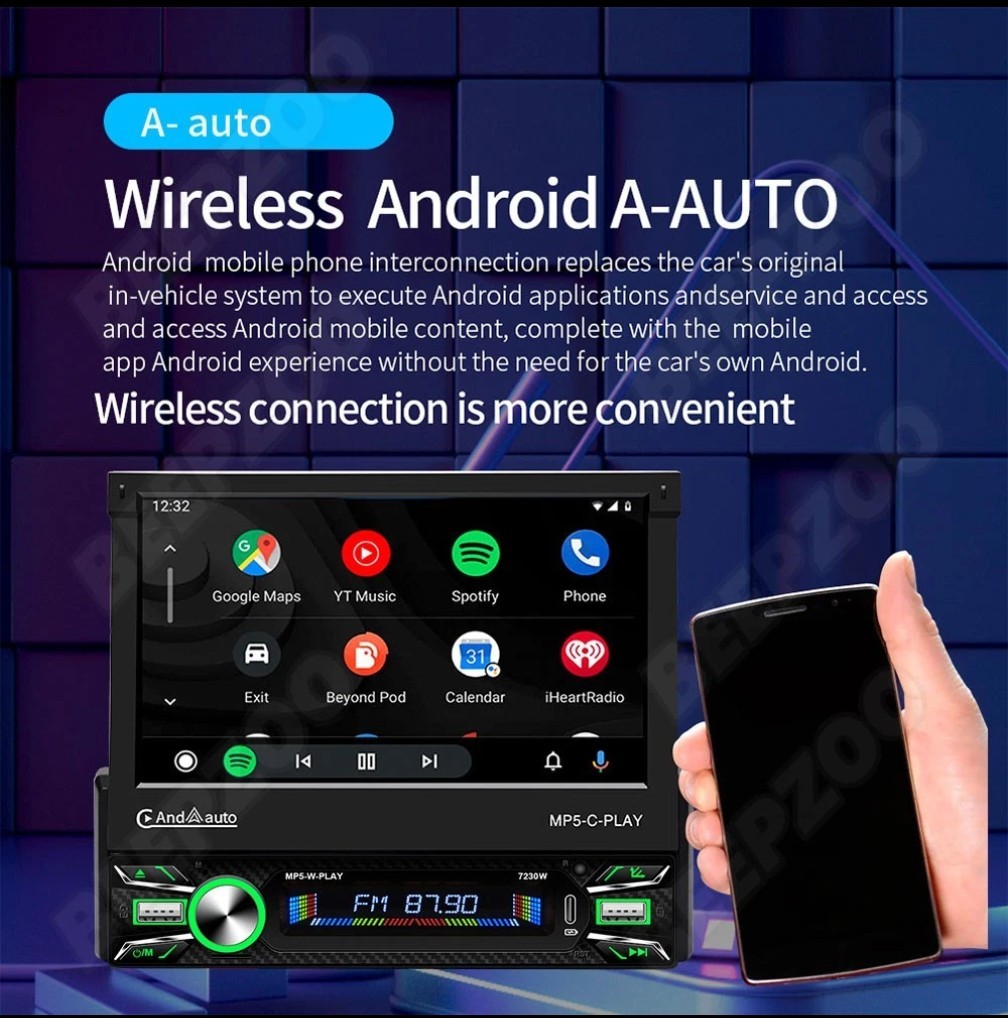 7″ 1 Din Flip Car Radio MP5-II Player Carplay AndroidAuto Touch Video USB Remote