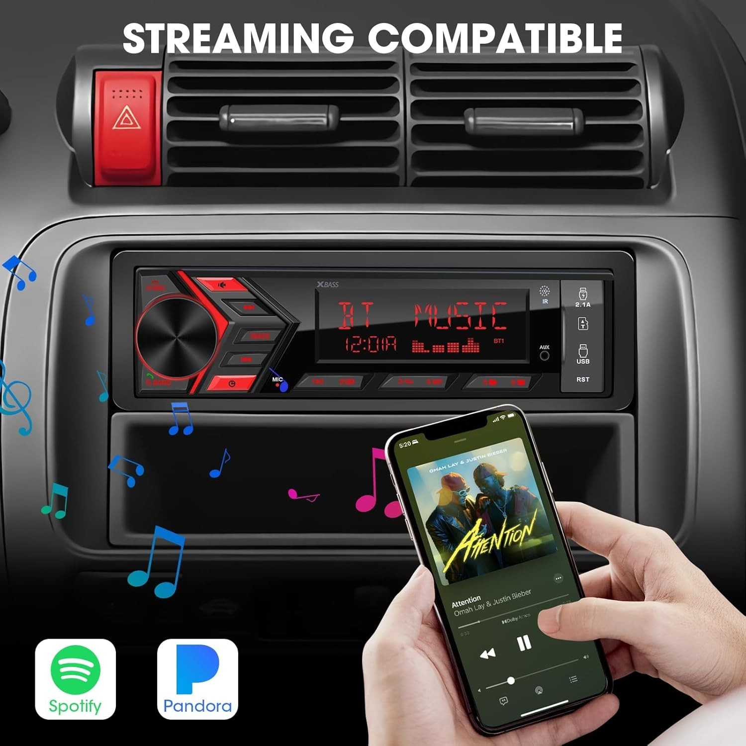 Car Multimedia Receiver with Bluetooth, 300W Power & 7-Color LCD Illumination