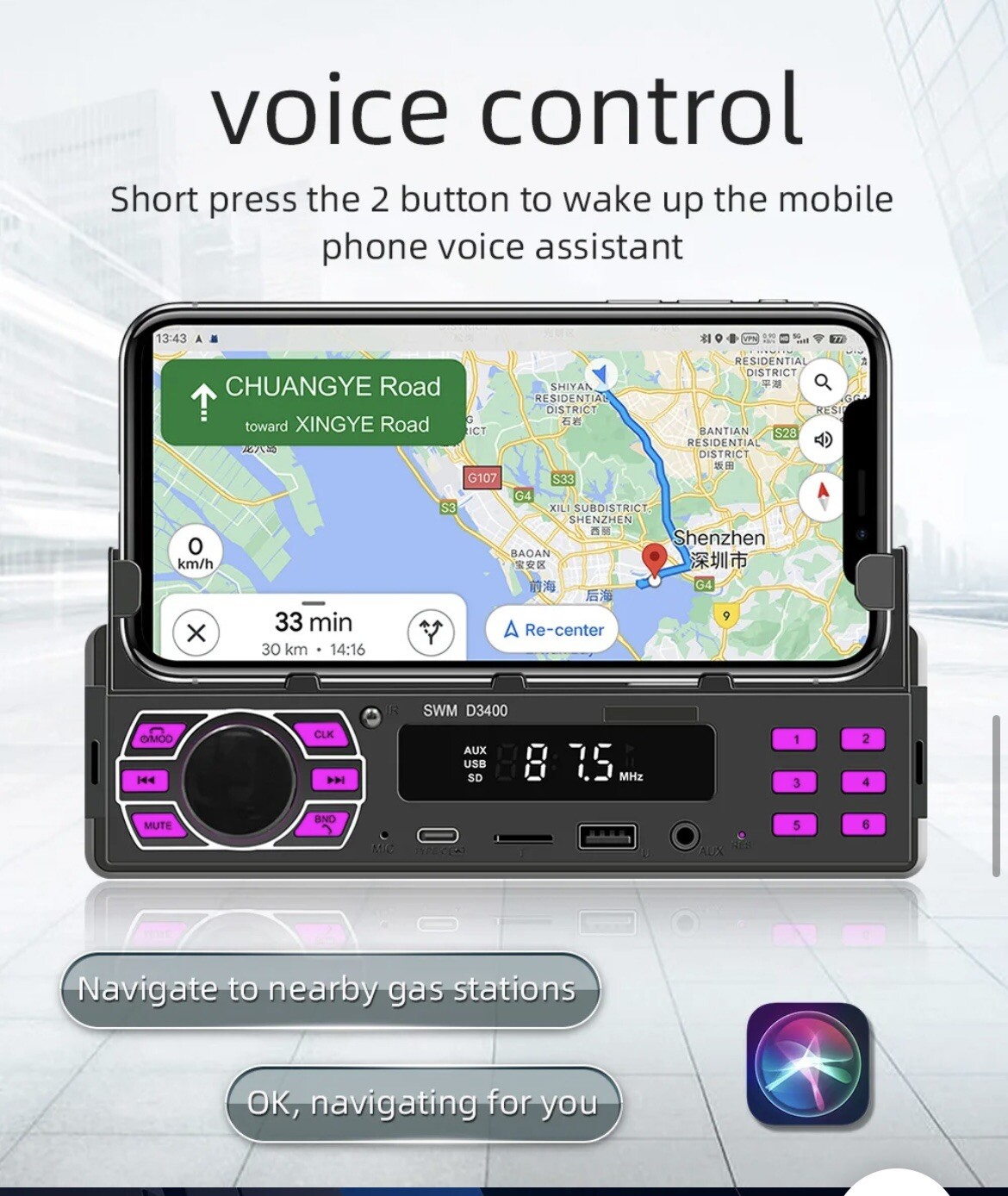 SWM D3400 MP3 Car Player Radio Bluetooth Type-C Charging Phone Holder