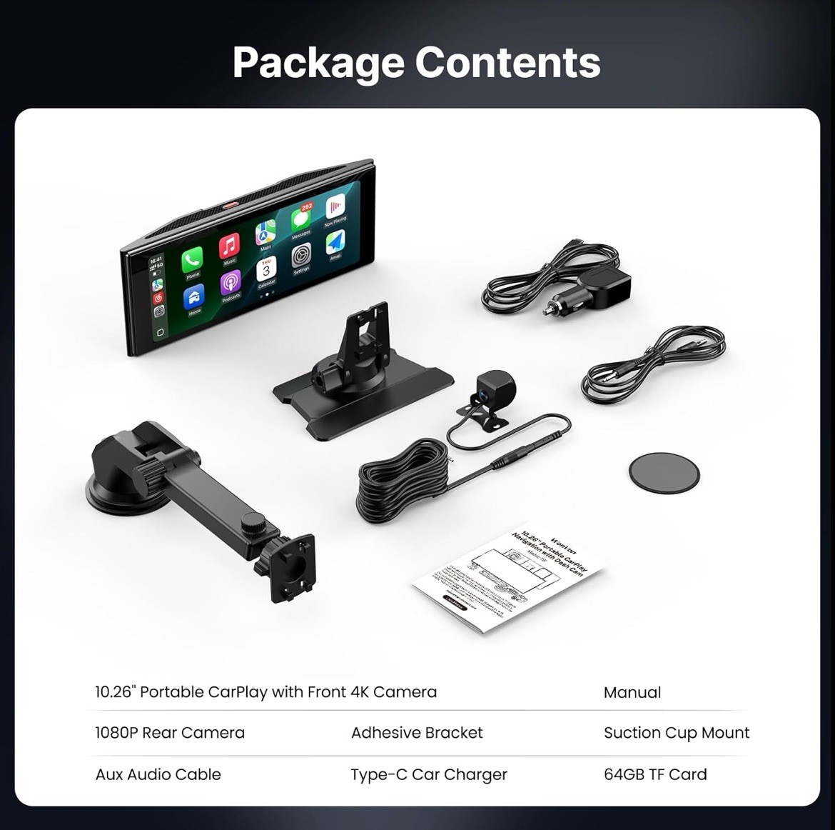 Wireless Car Play Screen, 10.26” Monitor with Apple Carplay & Android Auto