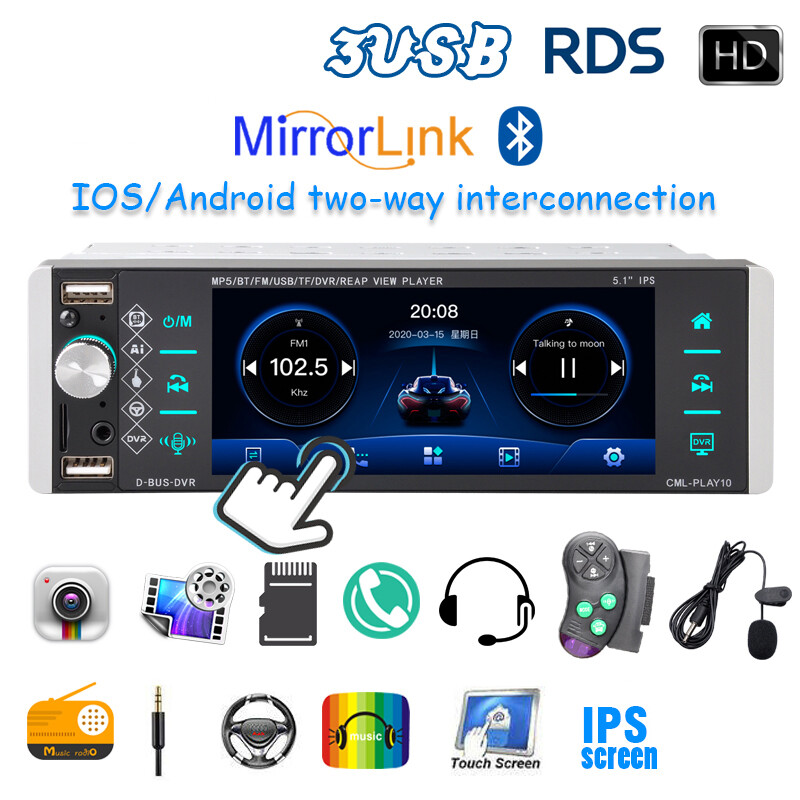 1 Din Touch Screen Bluetooth 5.1″ Smart Car Stereo Radio Android/IOS Mirror link