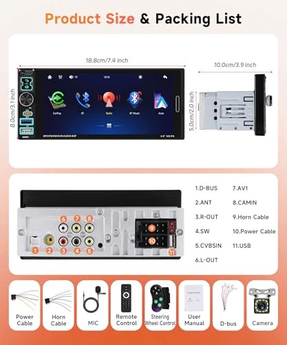 Car Stereo Single Din Carplay Android Auto Car Radio with Bluetooth 5.2, 6.9