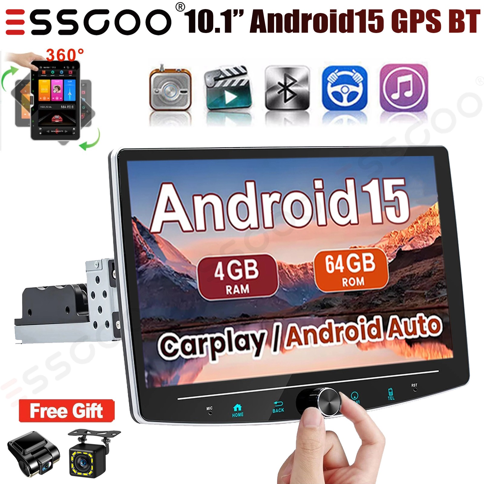 10.1″ Android 15 4+64GB Carplay DVR+ Rotatable Car Stereo Radio 1DIN WiFi+Camera