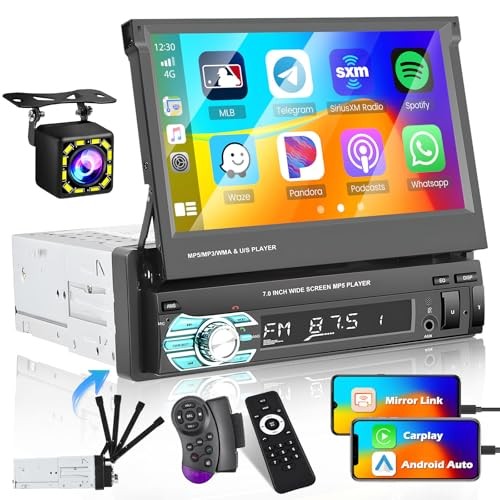 (Stable) 7 Inch Single Din Carplay Car Stereo, Flip Out Touch USB, Carplay