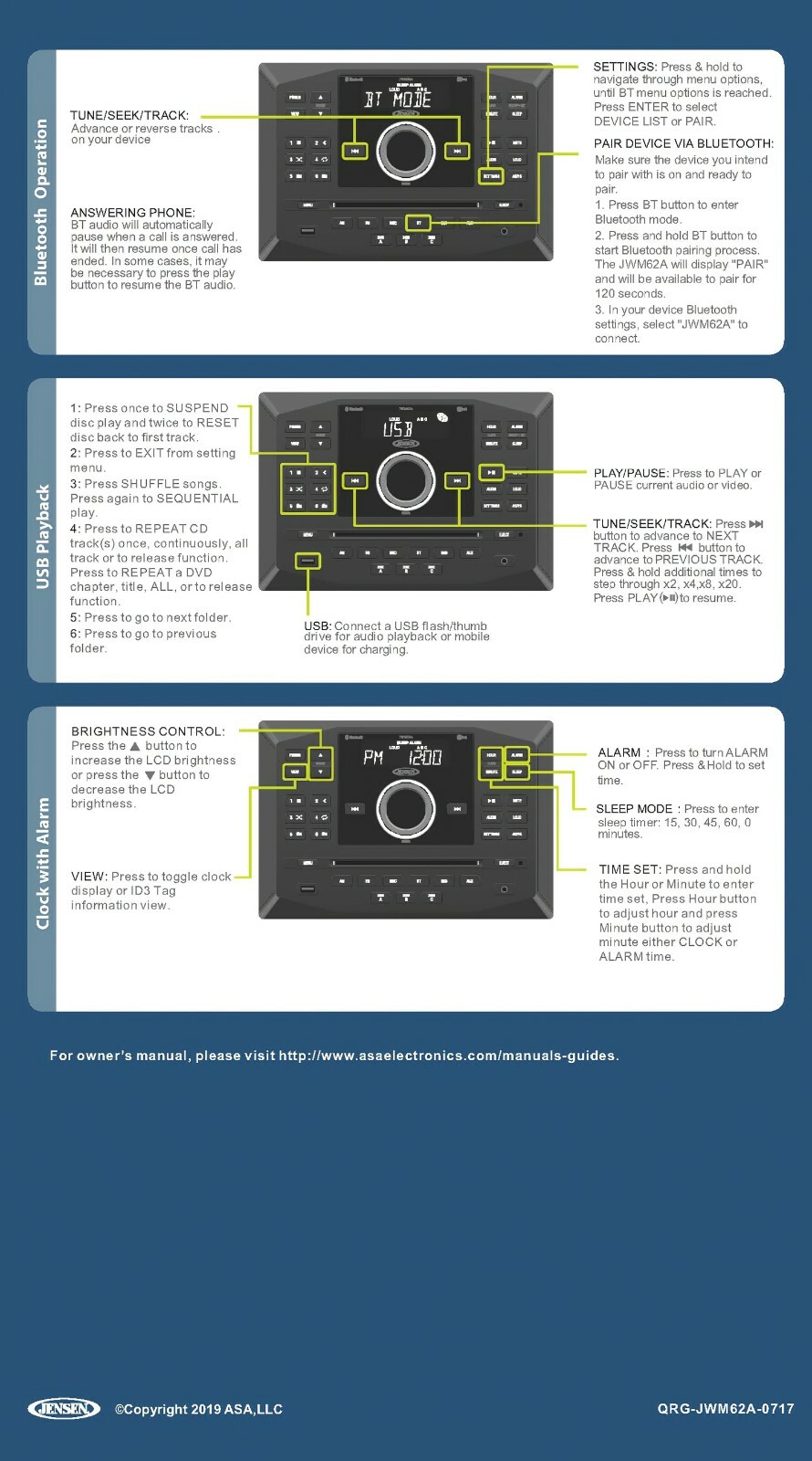 Jensen JWM62A Wallmount Bluetooth RV Stereo with App Control, DVD|CD|USB|AUX|RCA