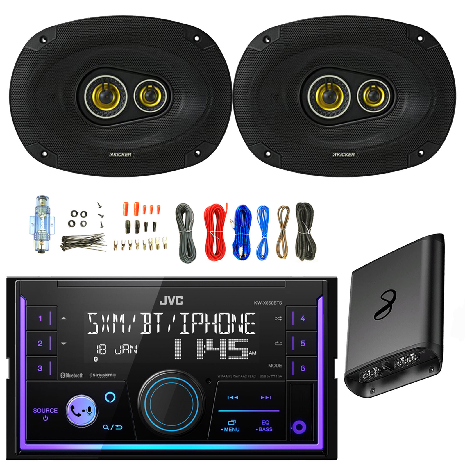 JVC Double DIN Bluetooth AM/FM Receiver, 2x 6×9″ 450W Car Speakers, Amp w/Kit
