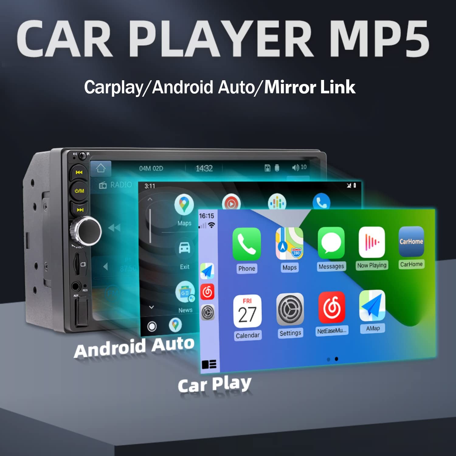 Nideocion 7 Double Din Car Stereo Build-In Apple Carplaybluetooth 5.1 Hand-Free