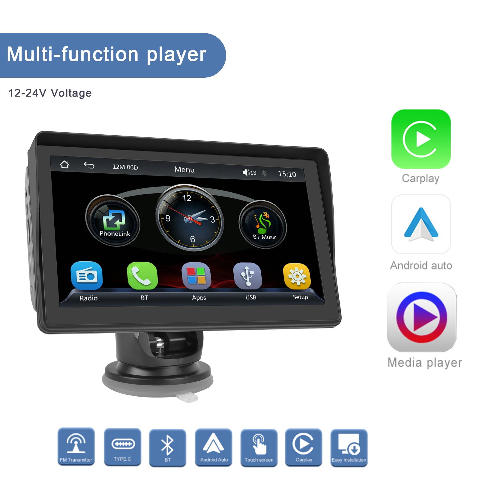 4.7″ Touch Screen BT Wireless Apple Carplay Android Auto Car Stereo Portable
