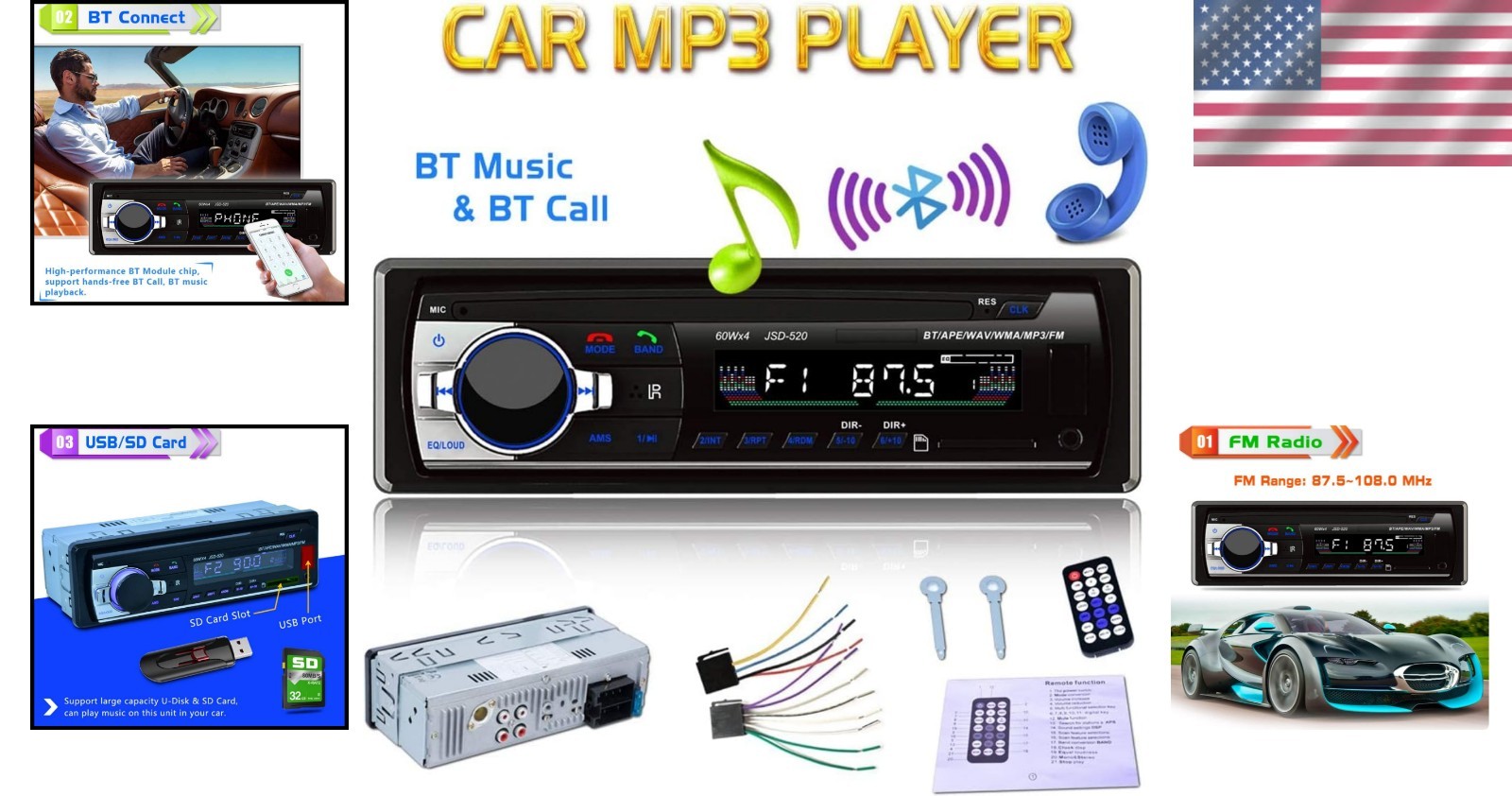 Bluetooth 12V Car Stereo with FM Radio & USB/SD/MMC for Modern Drivers