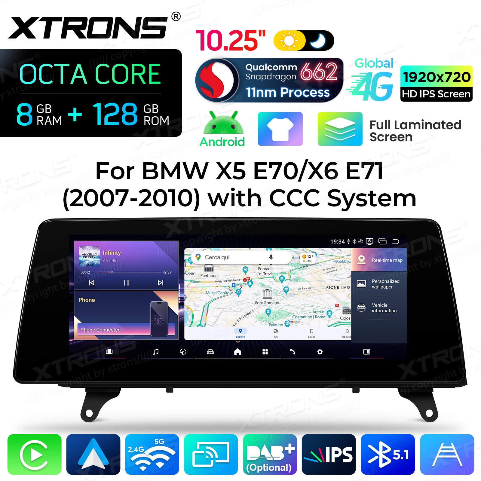 10.25” 8+128G GPS Android 14 CarPlay Car TouchScreen For BMW X5 E70 X6 E71 CCC
