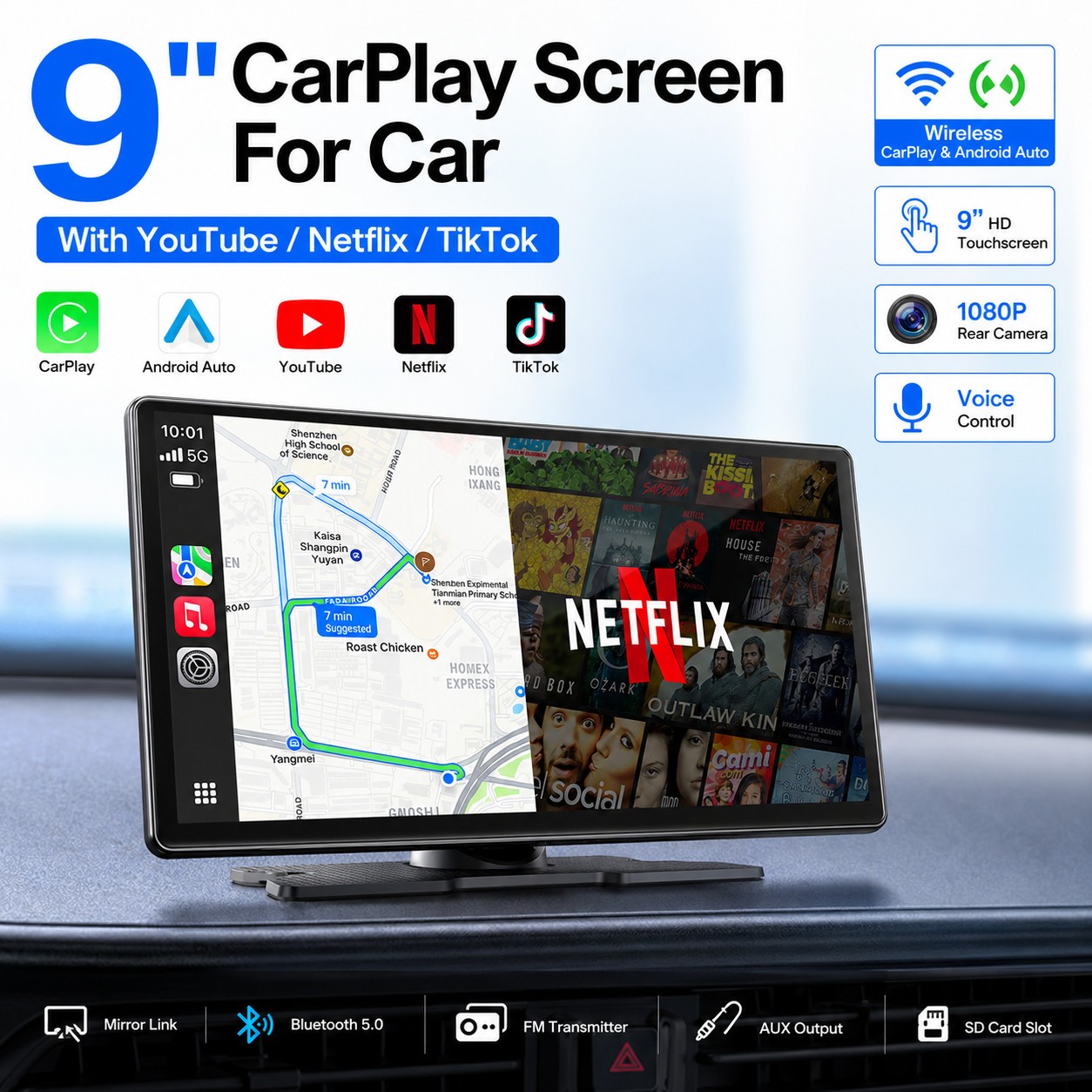 3 in 1 9″ Wireless Carplay Scree AI Video BOX with Youtube Net-Flix+Reverse Cam