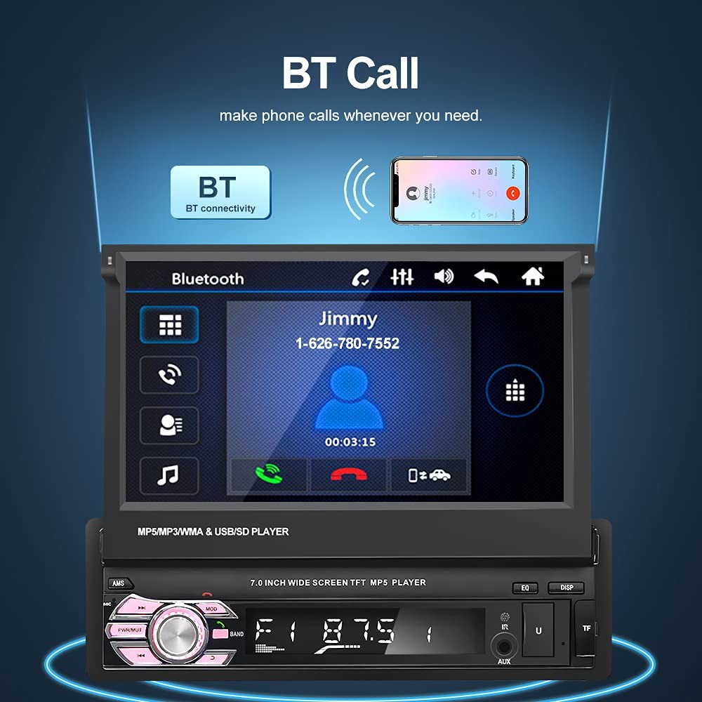 Bluetooth Single Din Car Stereo 7 Inch Retractable Touchscreen Car Radio with…