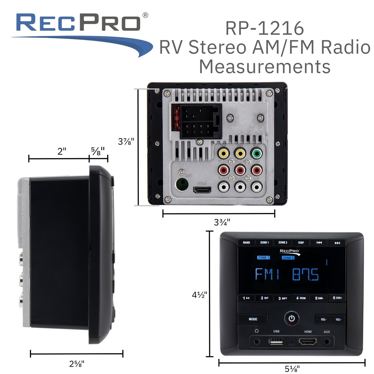 RecPro RV Stereo AM/FM Radio/Bluetooth/Aux-In Sound System Receiver Wall Mount