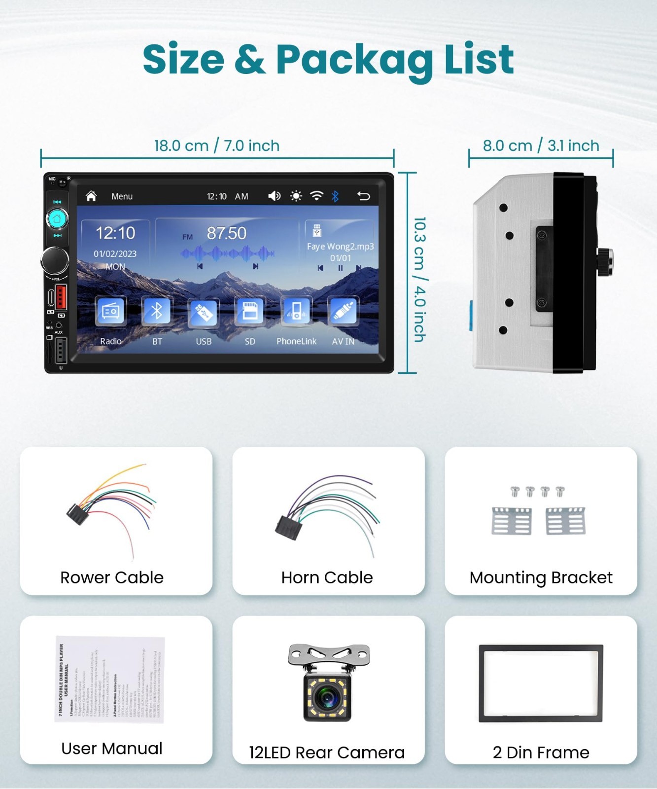 7″ Double Din Car Stereo, Wireless CarPlay/Android Auto, Bluetooth 5.2, FM Radio