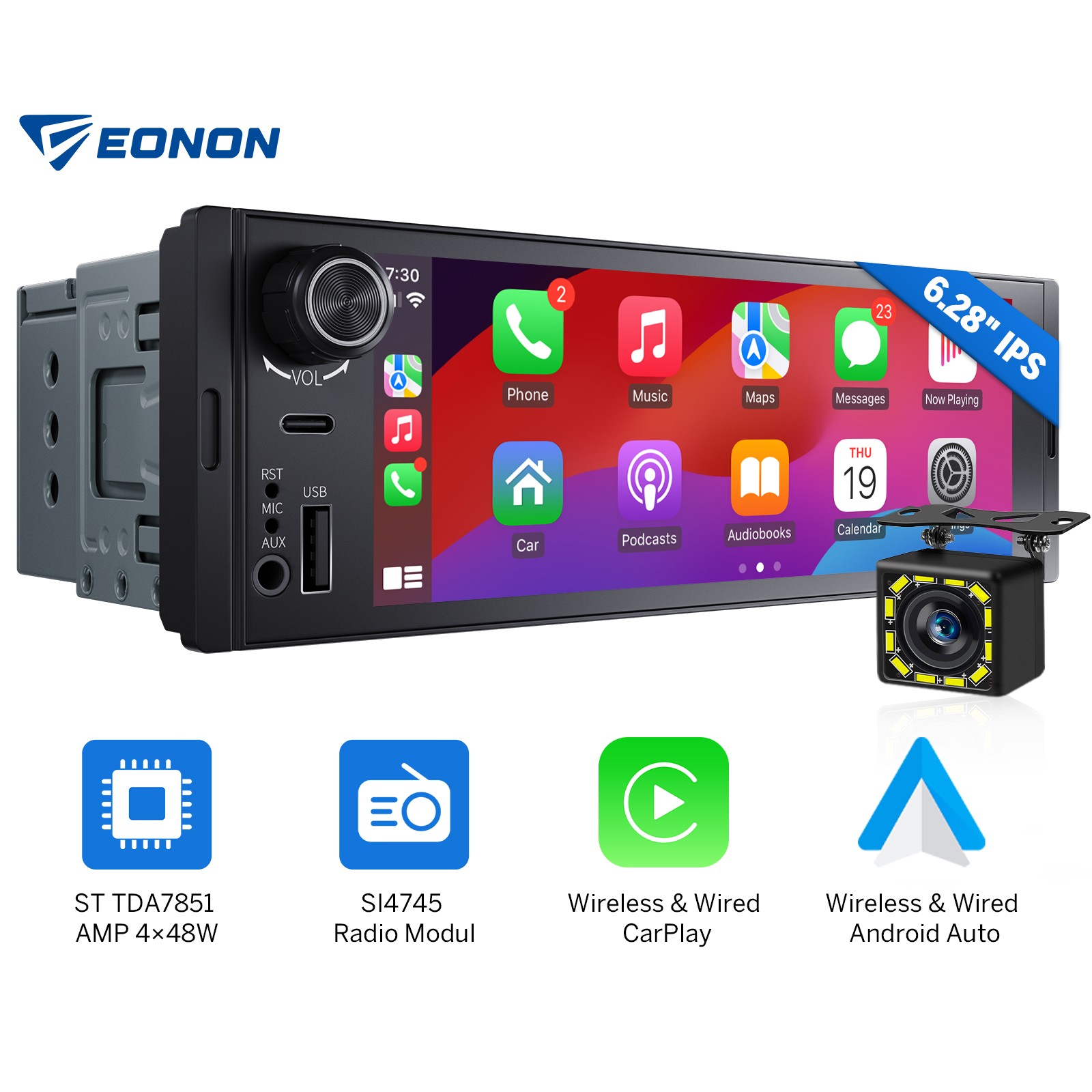 1 DIN 6.28″ Touchscreen Car Stereo Wireless CarPlay Android Auto Bluetooth Radio