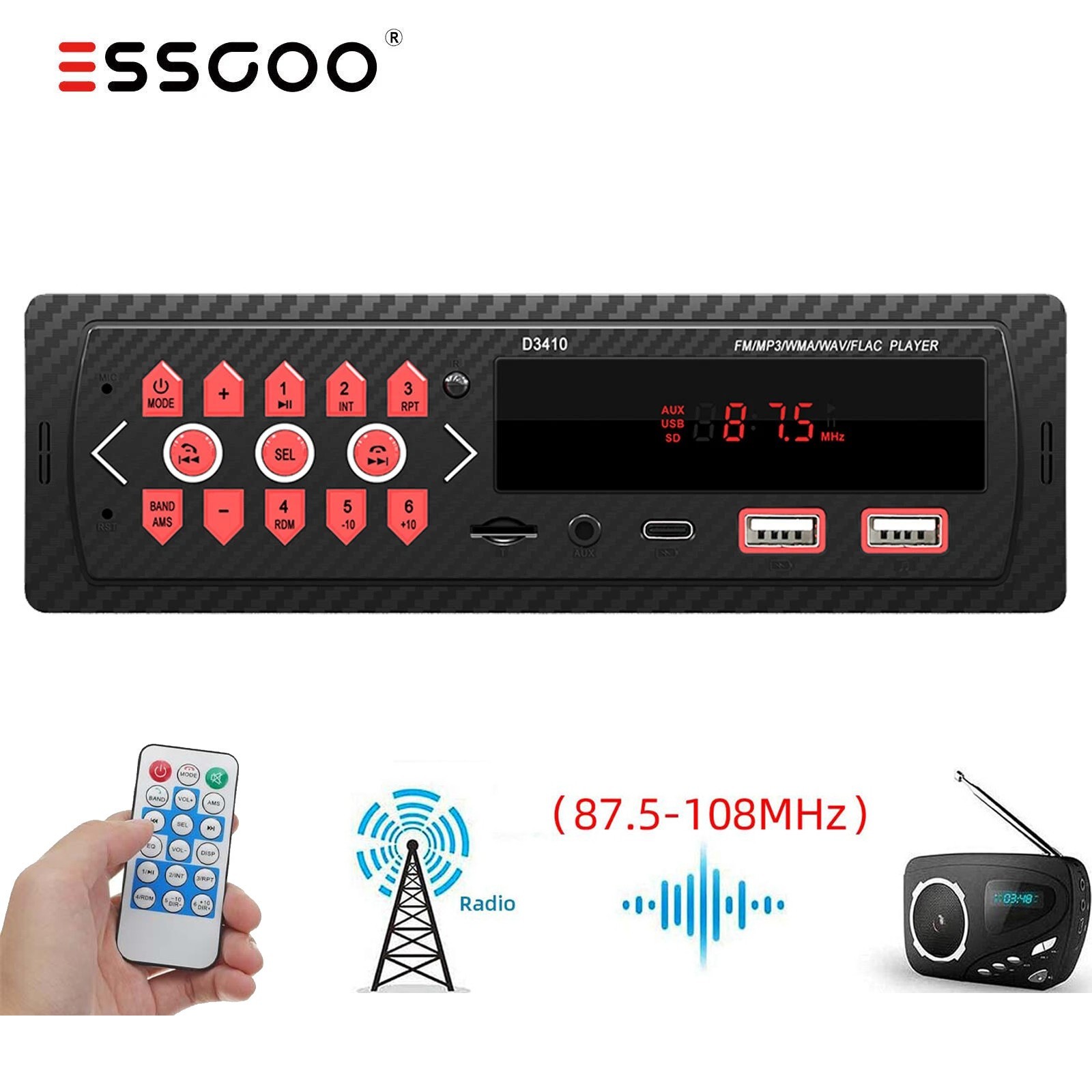 Single 1 DIN Car Stereo Head Unit with Bluetooth USB Type-c MP3 Player FM Radio
