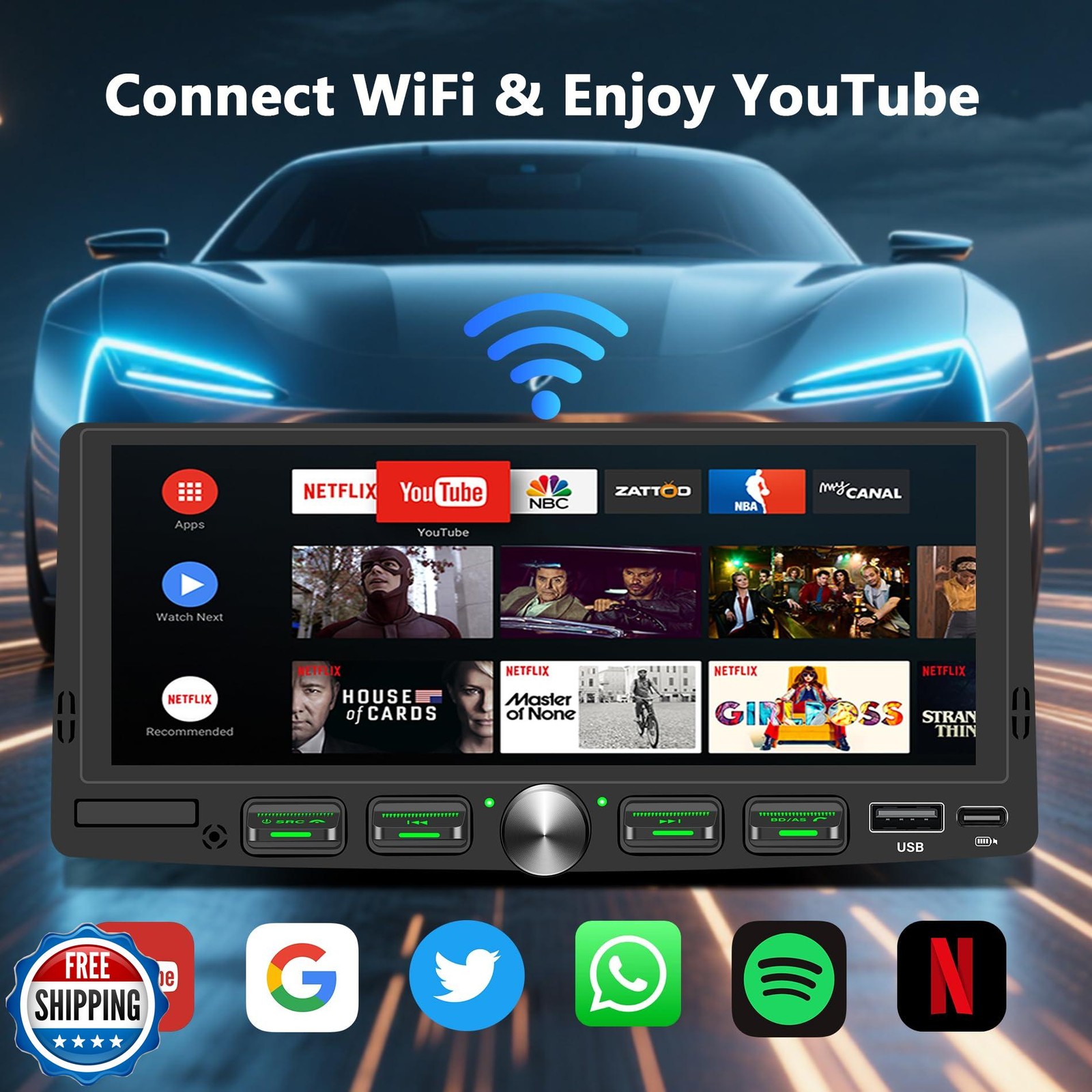Single Din Touchscreen Radio with Wireless Apple CarPlay and Andr