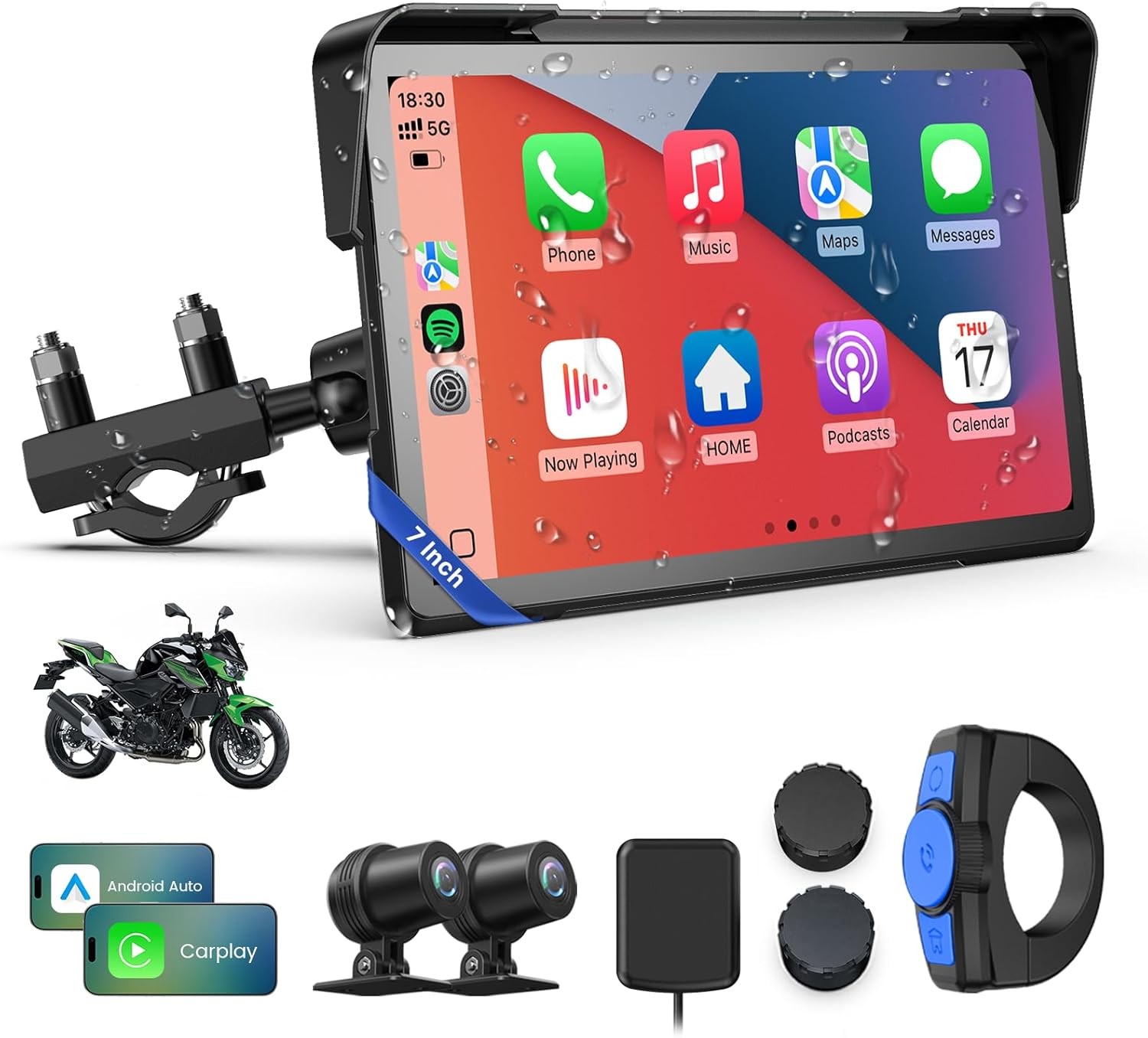 7″ Motorbike Android Auto Navigation GPS CarPlay Dual 4K Dash Cam Bluetooth TPMS