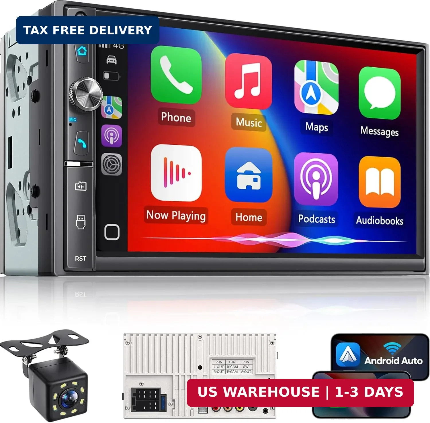 Double Din Car Stereo with 7″ HD Touchscreen, Wireless Apple Carplay & Android A