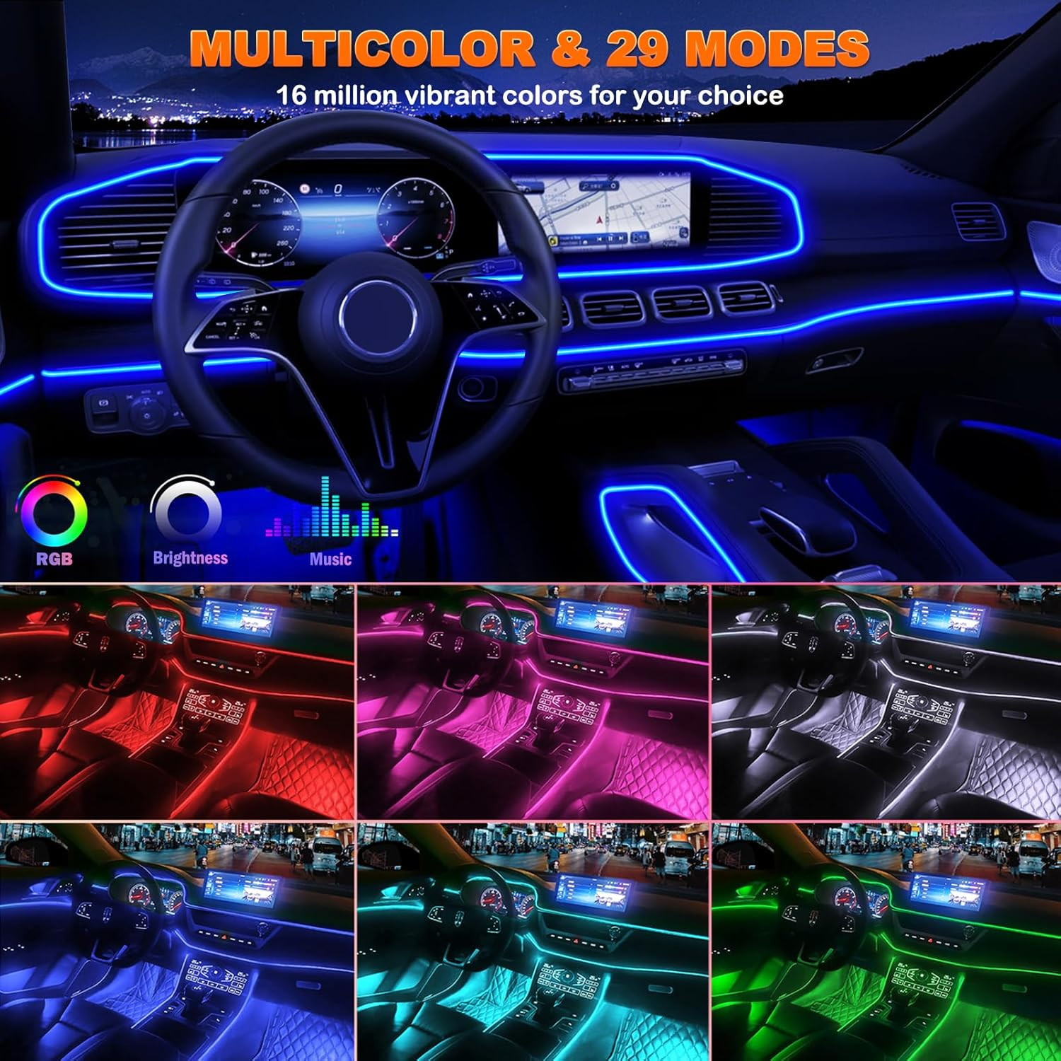 Car LED Strip Lights, USB Interior Ambient Lighting Kits with Wireless APP and R