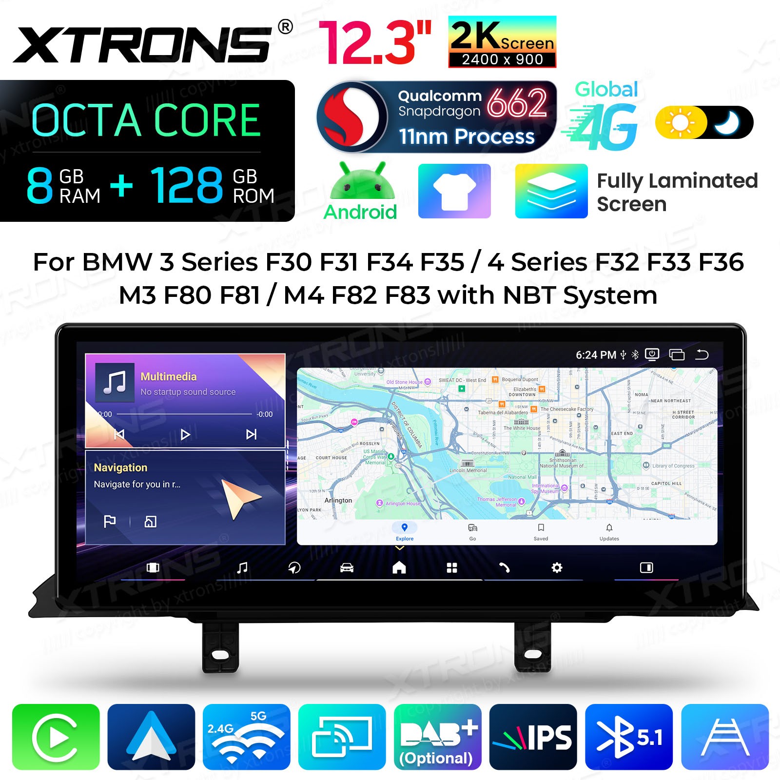 For BMW F30 F31 F32 F33 F36 Android Navigation 12.3″ Screen 2K IPS 8G 128GB WiFi