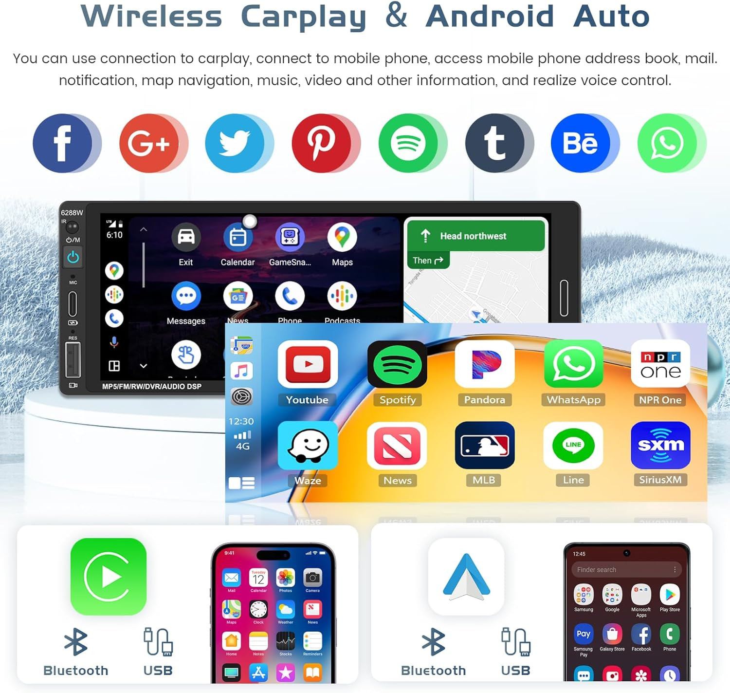 Single Din Car Radio Stereo with Wireless Apple Carplay Android Auto, 6.9″ HD To