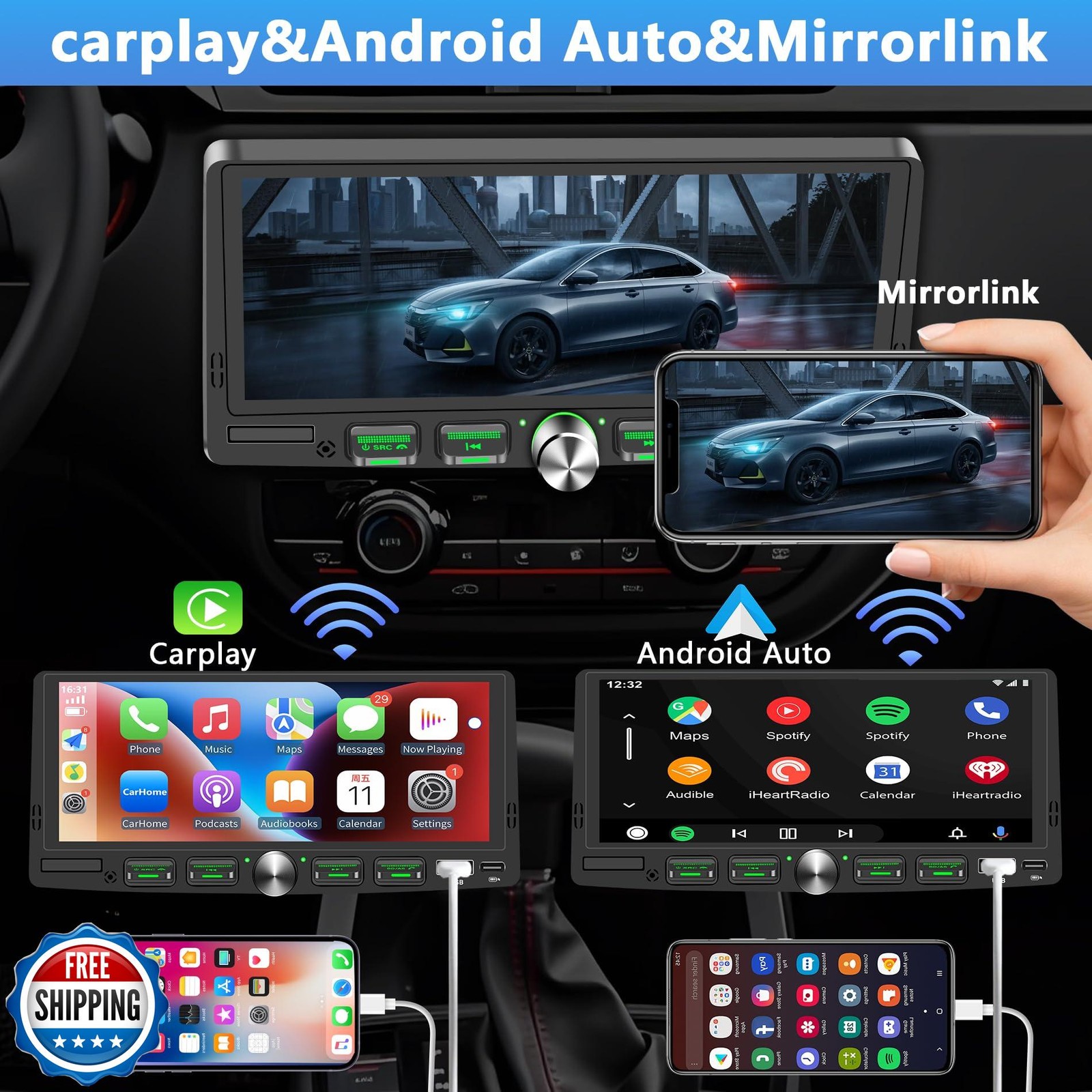 Single Din Touchscreen Radio with Wireless Apple CarPlay and Andr