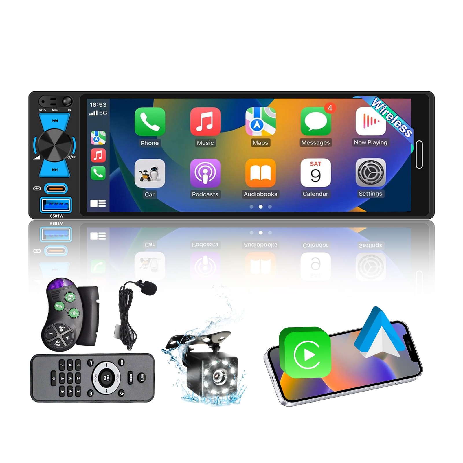 6.5″ Single Din Touchscreen Radio with Wireless Apple CarPlay & Android Auto,…