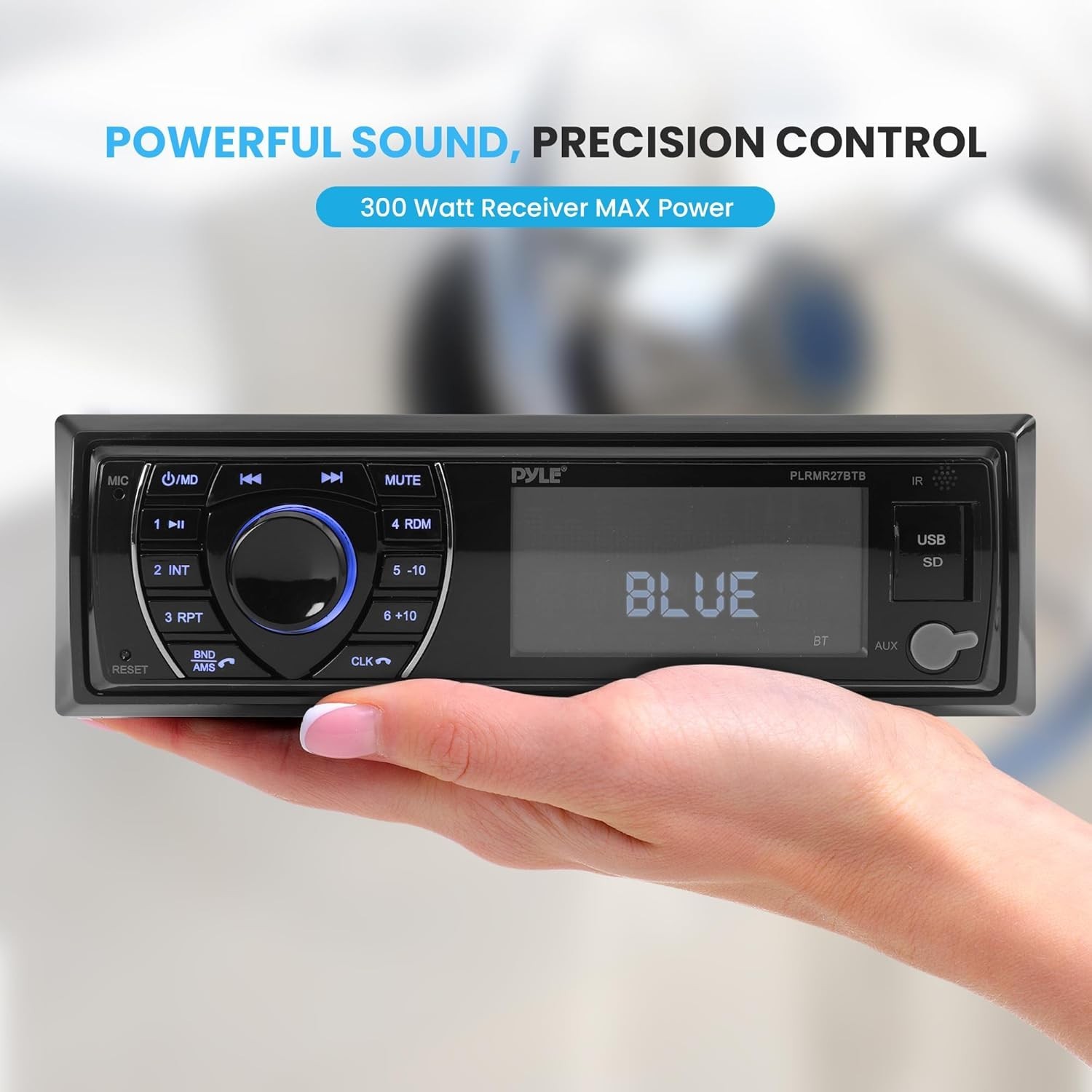 300W Bluetooth Marine Stereo Receiver – Single DIN In-Dash AM/FM Radio with USB