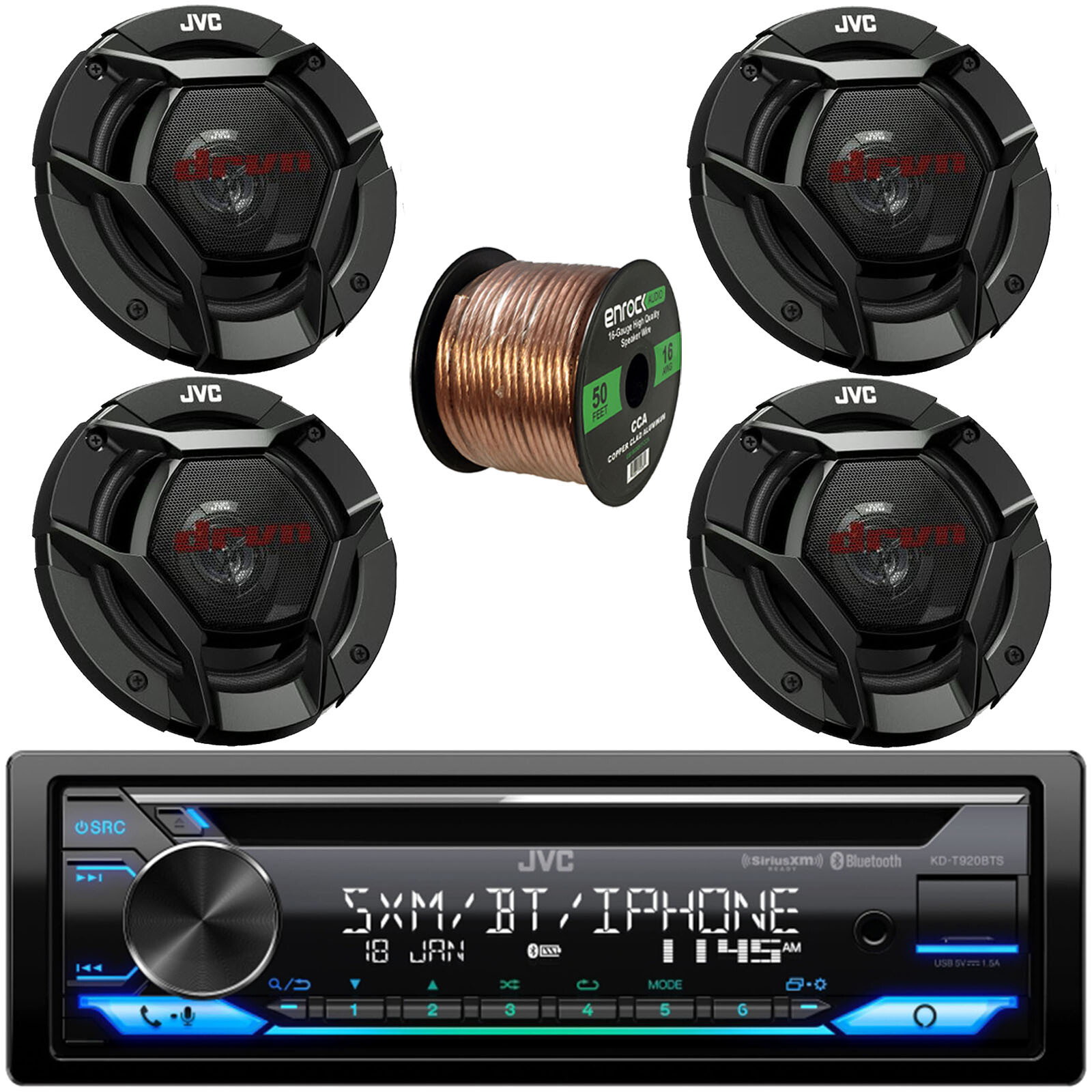 JVC KD-T920BTS CD Stereo Receiver, 4x JVC CS-DR521 5.25″ 260W Speakers w/Wire
