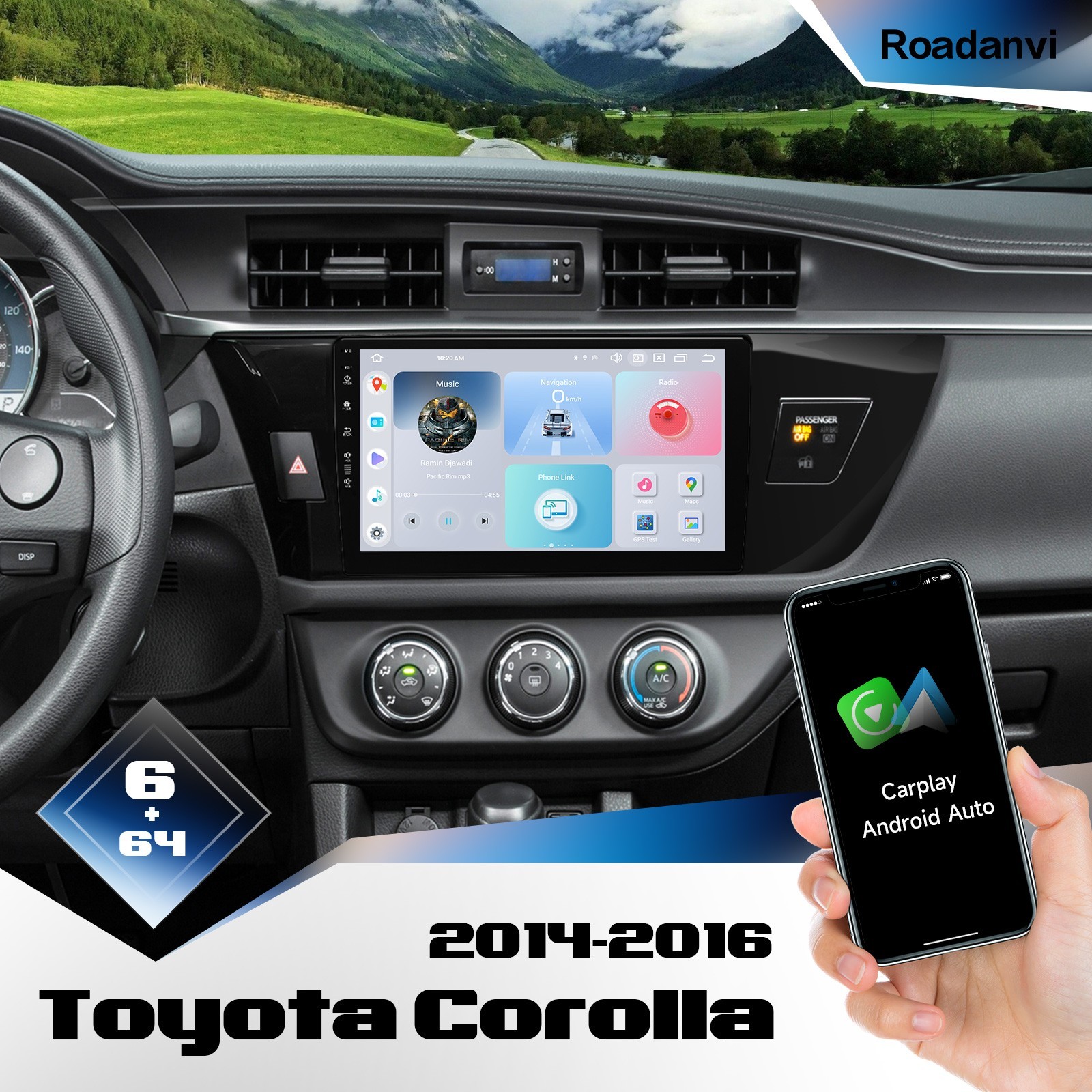 Roadanvi 10.2″ Car Stereo for 2014-2016 Toyota Corolla with WiFi 5.0 4G LTE