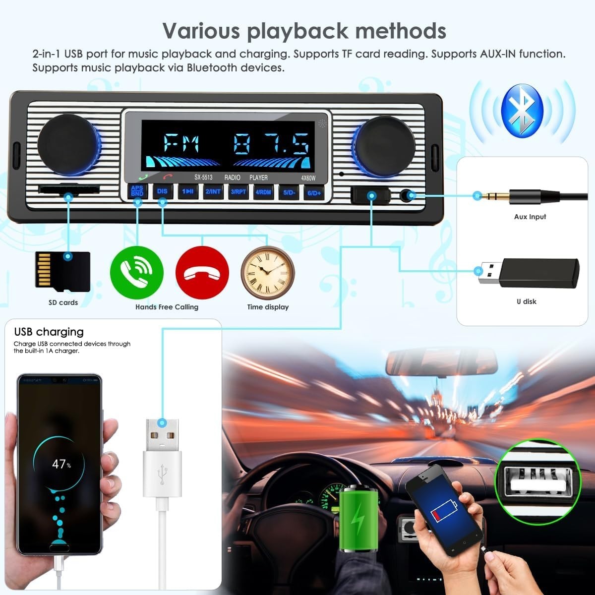 Universal Single Din Car Stereo with Fast Charging USB & Multicolor Display