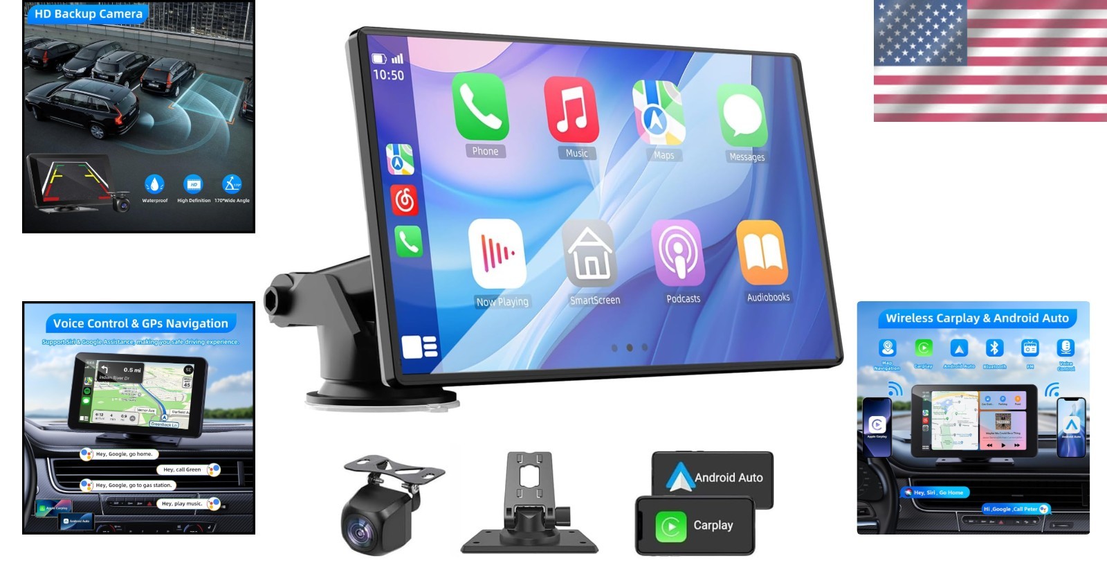 Wireless Carplay & Android Auto Screen with HD Backup Camera