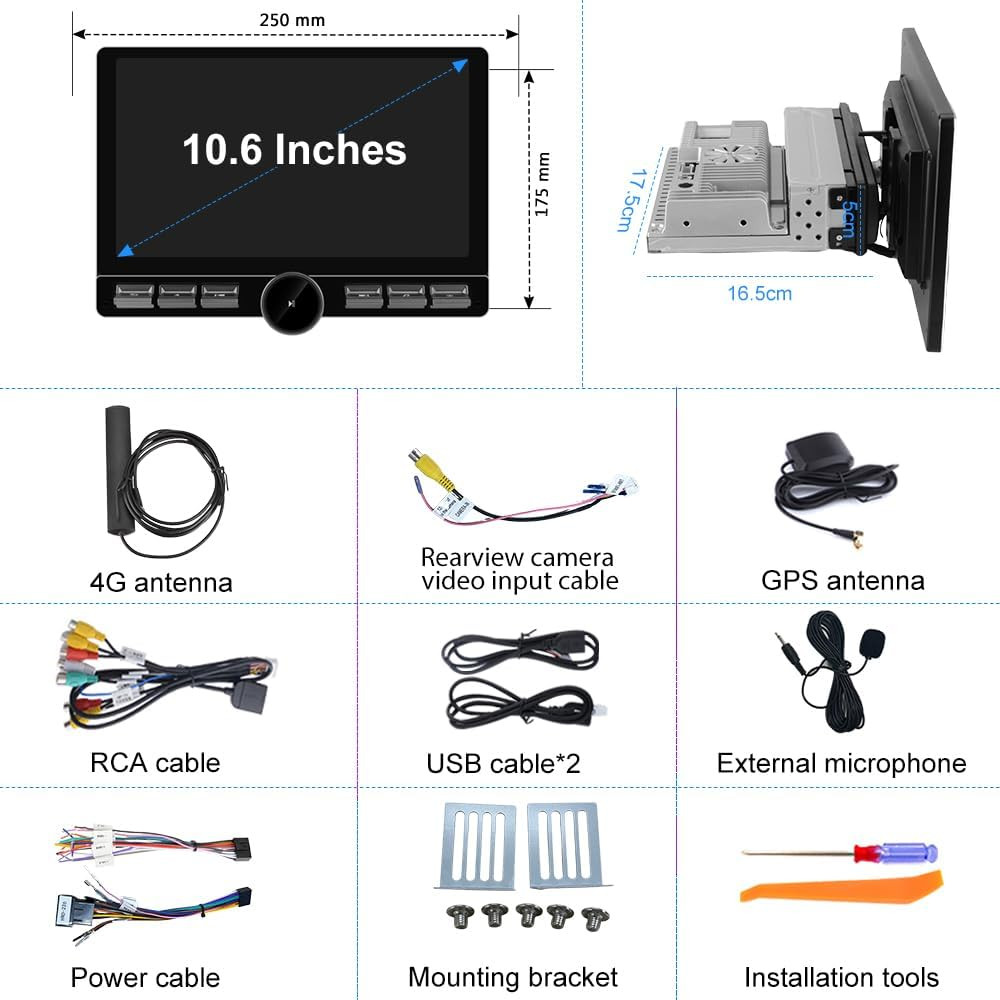 Single Din Car Radio Stereo Universal 8 Core Car Radio Rotatable Touchscreen10.6
