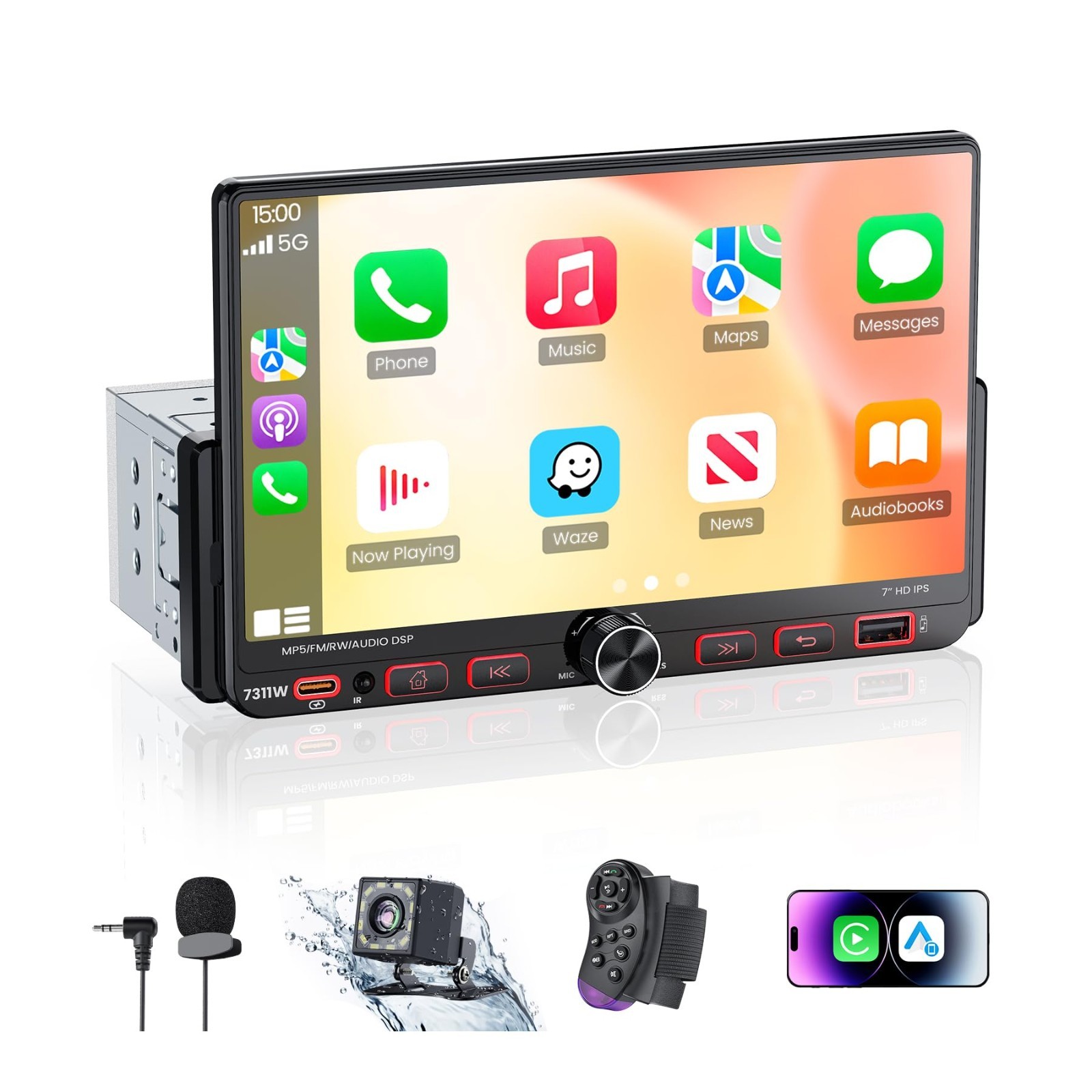7″ Single Din Car Stereo Radio, Apple CarPlay, Android Auto, Bluetooth 5.3, 1080