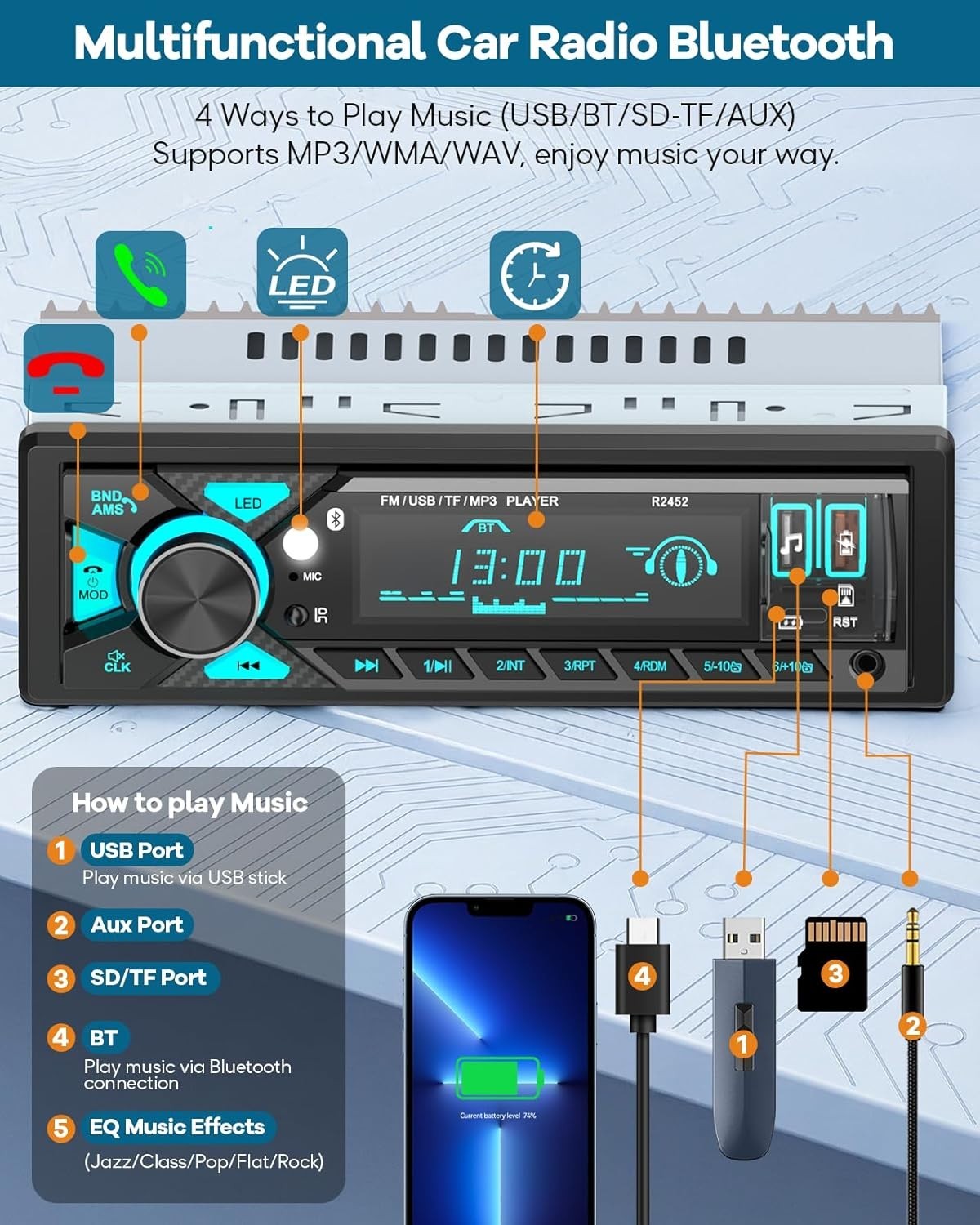 Car Radio with Type-C Charging & Colorful LED Lights for a Modern Ride